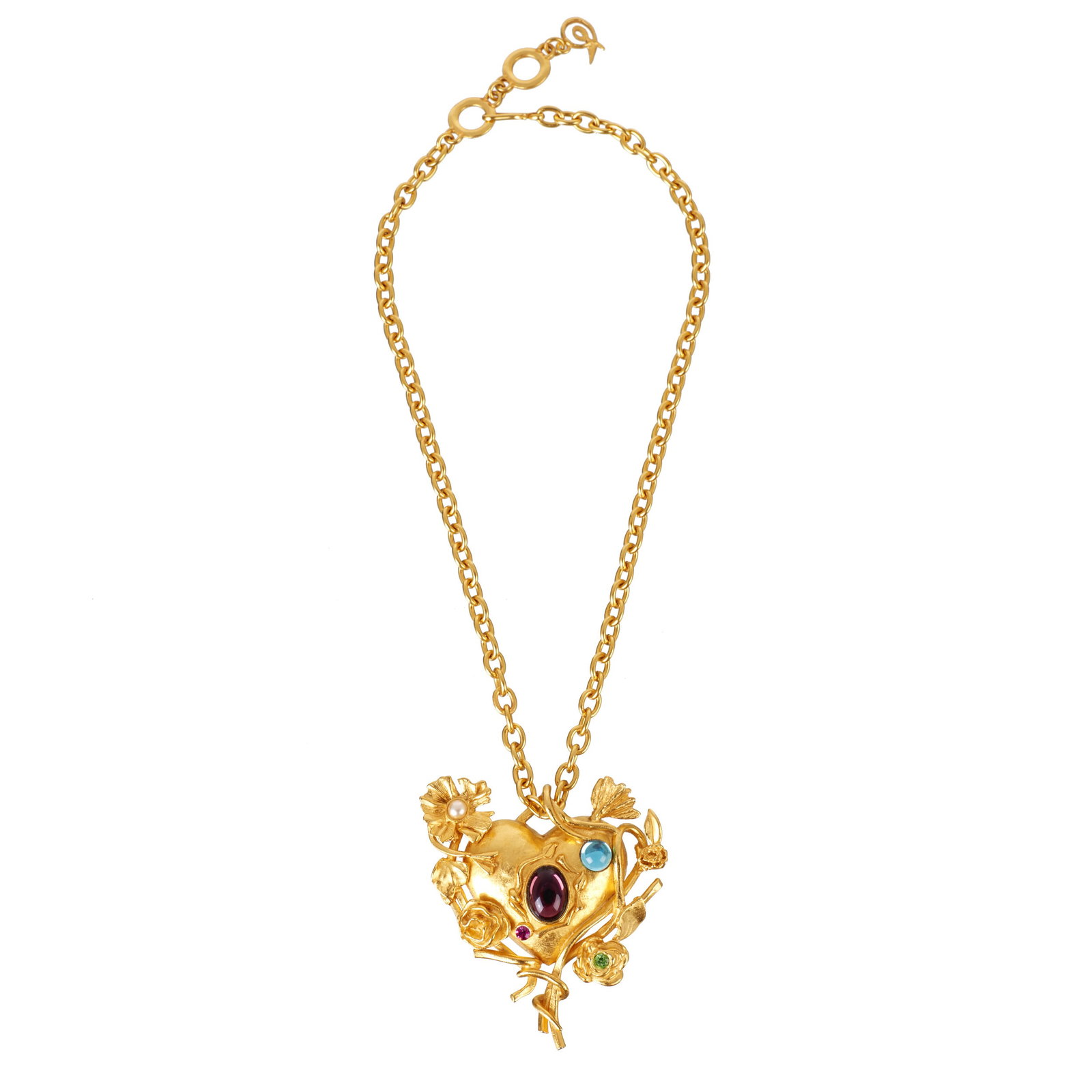 CHRISTIAN LACROIX - 'Heart' Necklace: Gold-coloured metal in the shape of a heart, with a mirror surface, embossed floral decoration and stone inlays. Marked. Signs of use. Dim. (closed): 32.5cm.