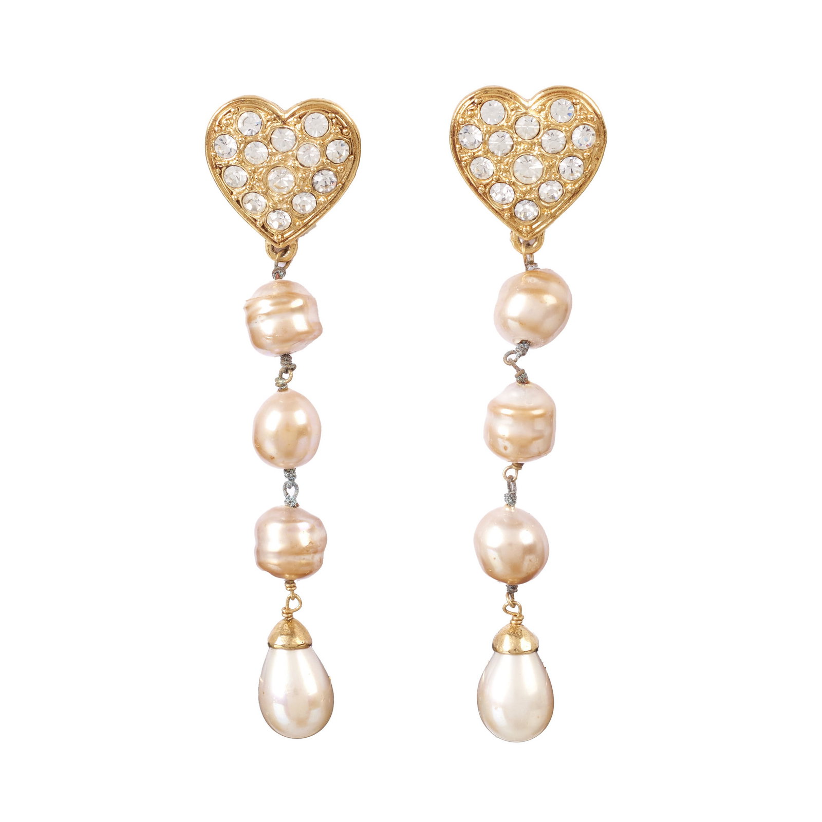 YVES SAINT LAURENT - Pair of 'Heart' Earrings: France, 20th century, heart-shaped gold-plated metal with a pearl pendant; spring clasp. Marked. Original box. Signs of use. Dim.: 8.5cm.