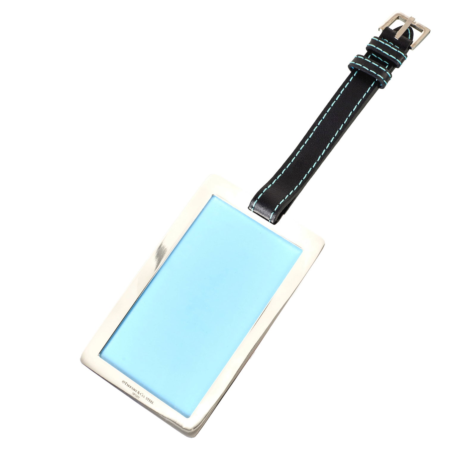 TIFFANY & CO - 'Million Miler' Luggage Tag: Stainless steel with a black leather strap; produced in partnership with Delta Airlines for 'Million Miller' members. Marked. Original box. Signs of use. Dim.: 22cm.