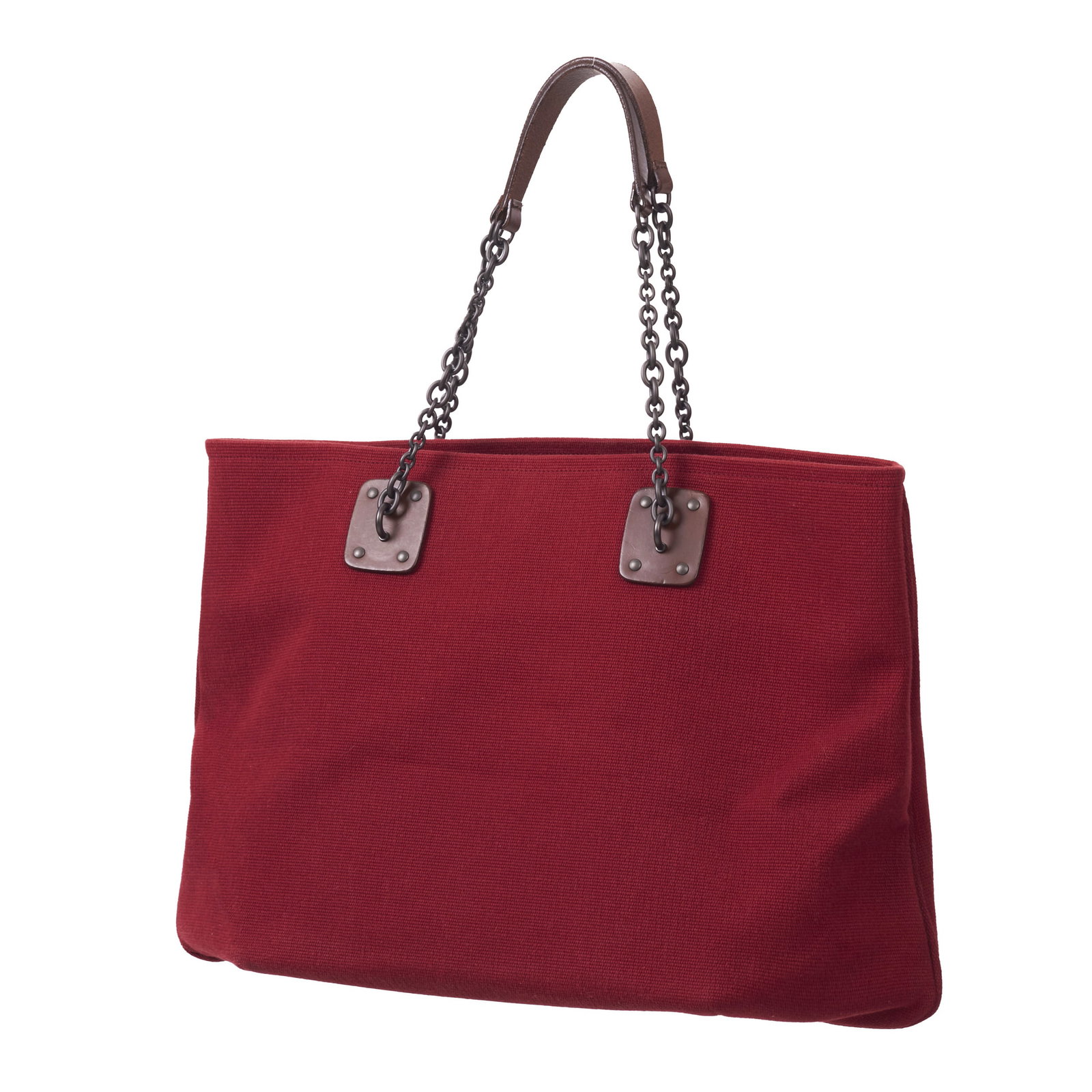 BOTTEGA VENETA - Tote bag: Red cotton canvas with brown leather detailing; dark metal fittings. Marked. Signs of use. Dim.: 30x47cm.
