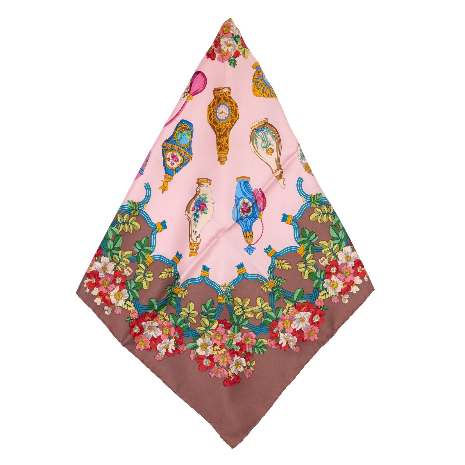 GUCCI - Scarf: Silk with a floral pattern and perfume bottle motifs. Marked. Signs of use. Dim.: 87x87cm.