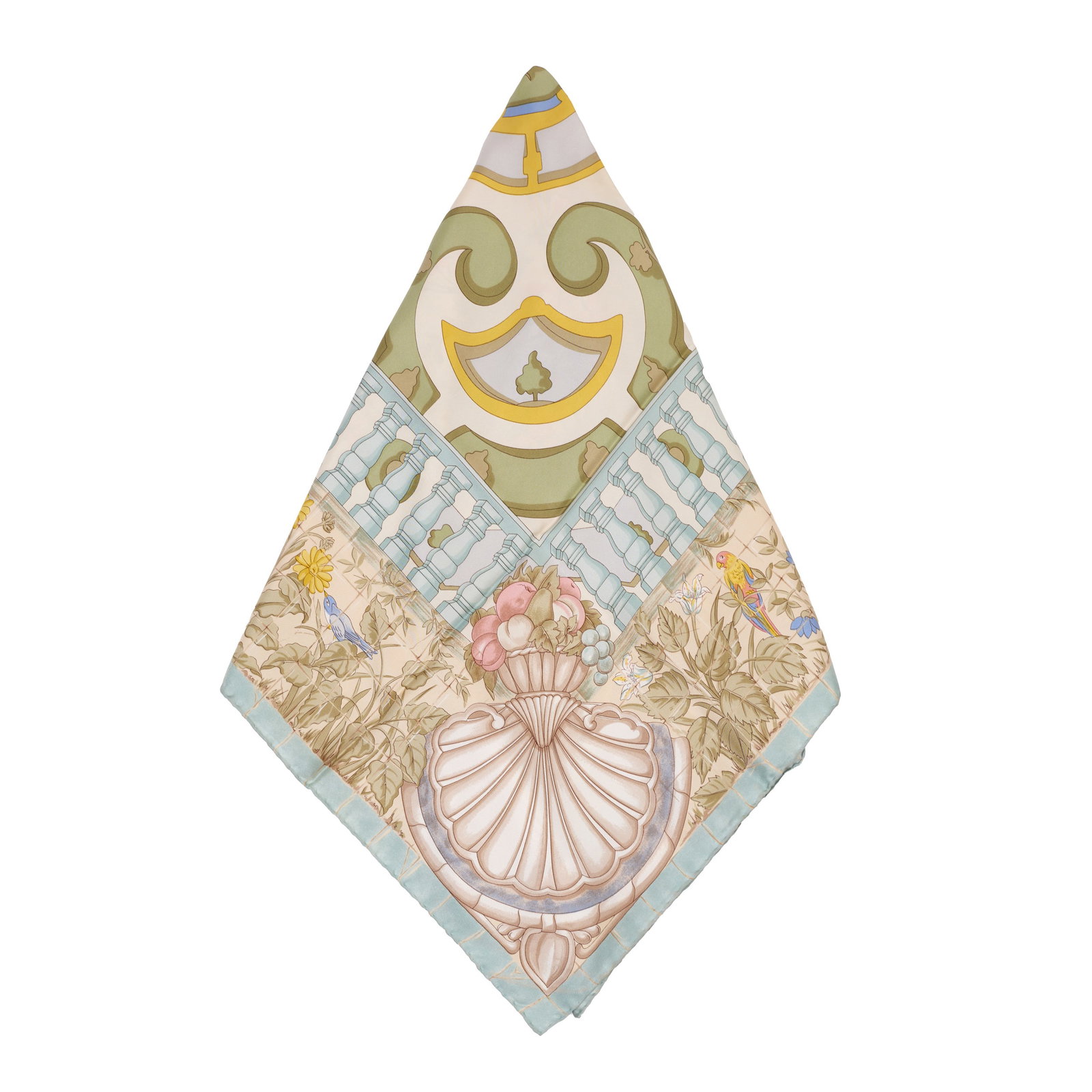 AQUASCUTUM - Scarf: Silk with a floral pattern, scalloped edges and architectural motifs. Marked. Signs of use. Dim.: 87x87cm.