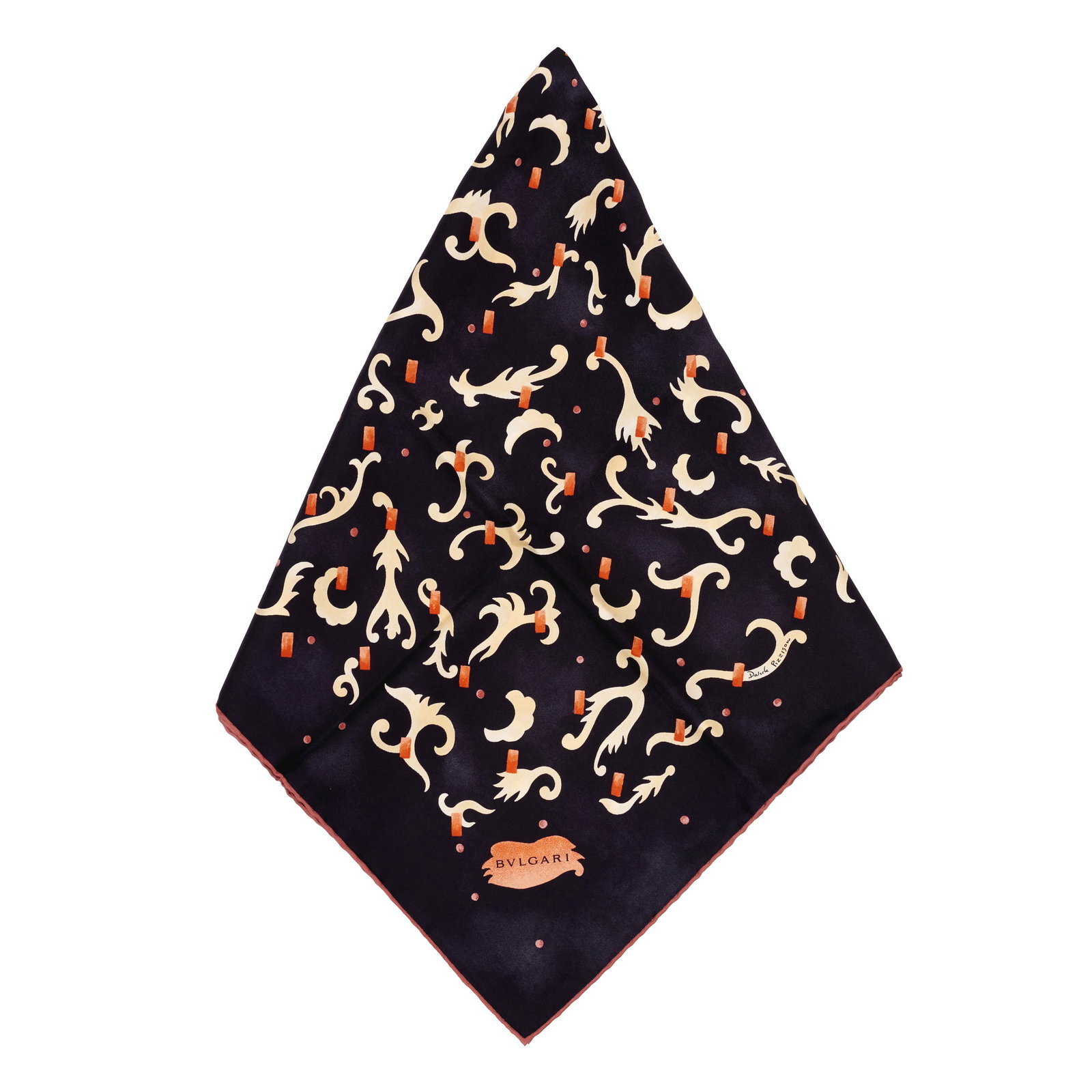 BVLGARI - Scarf: Silk with an abstract pattern inspired by classical motifs. Marked, original box. Signs of use. Dim.: 87x87cm.