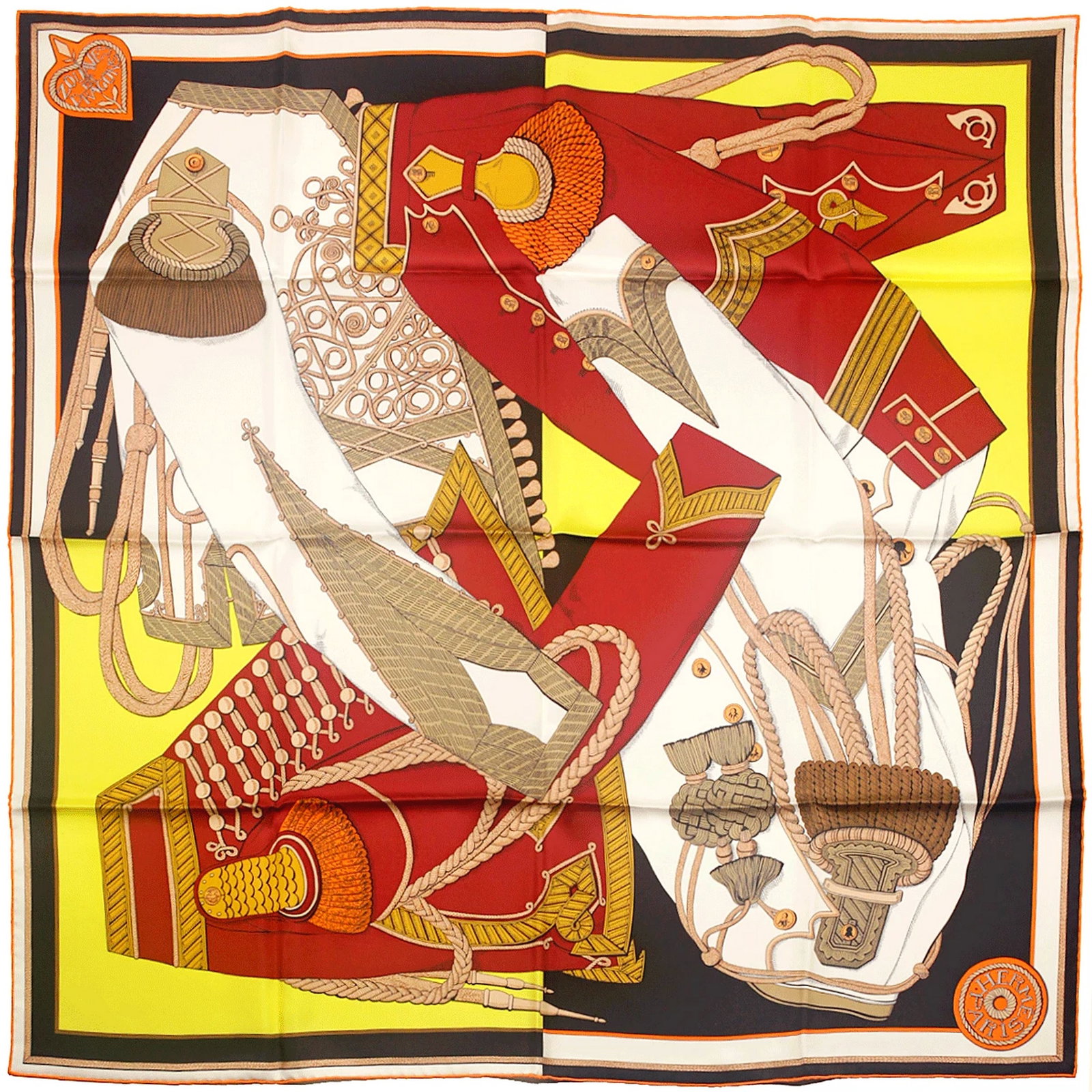 HERMES - 'Zouaves et Dragons' scarf: Silk with hand-rolled edges; designed by Virginie Jamin. Marked, original box. Signs of use. Dim.: 88x88cm.