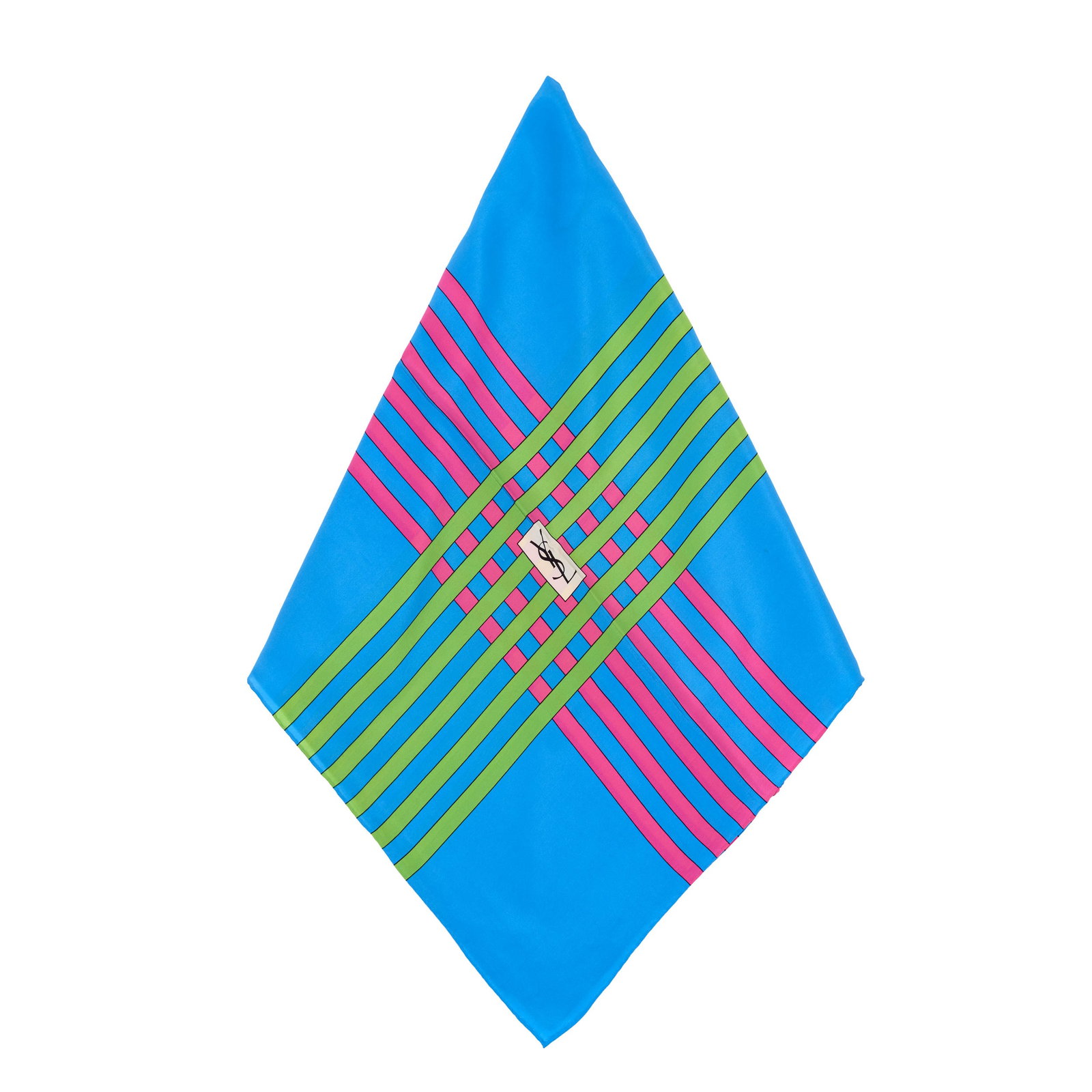 YVES SAINT LAURENT - Scarf: Polyester in shades of blue, green and pink with a geometric pattern. Marked. Signs of use. Dim.: 87x87cm.
