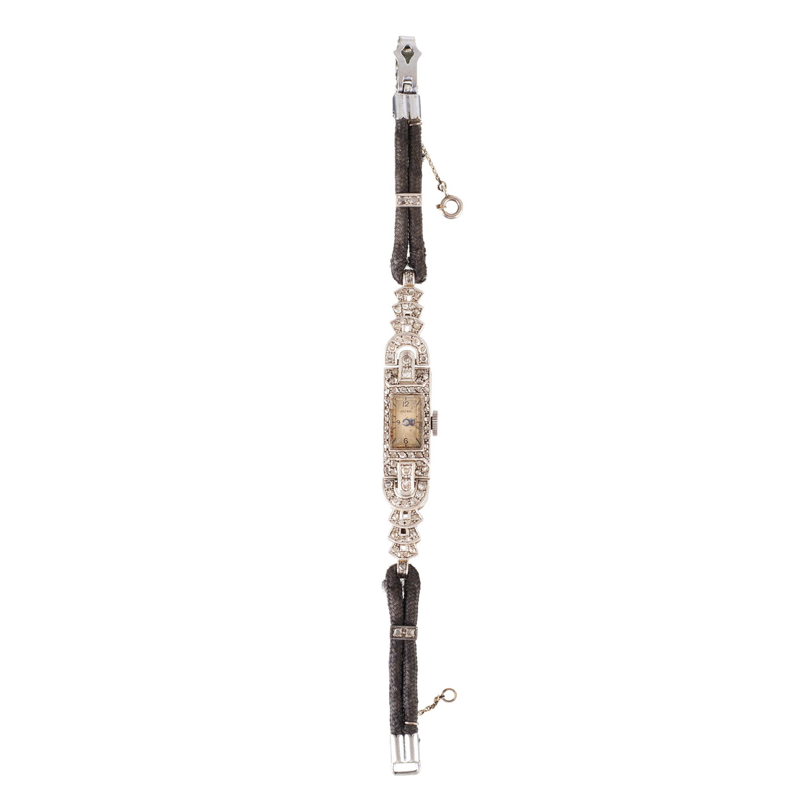 VULCAIN - 'Art Deco' wristwatch in platinum and diamonds: Switzerland, c. 1930, platinum case set with diamonds, with original double cord bracelet in brown fabric; mechanical hand-wound movement. Signs of use. Dimensions: