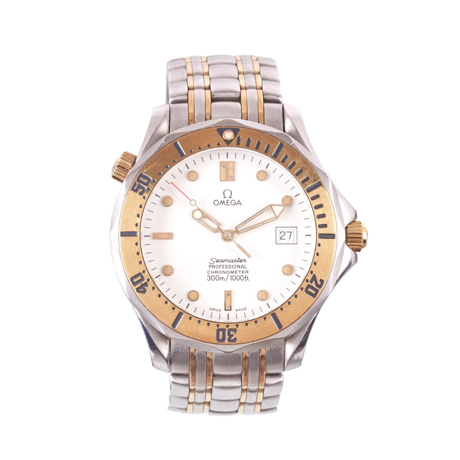 OMEGA - 'Seamaster Diver 300M' wristwatch: Switzerland, c. 2000, stainless steel case and bracelet with 18K gold details; automatic movement. Original case and certificate. Signs of use. Diam.: 41mm.