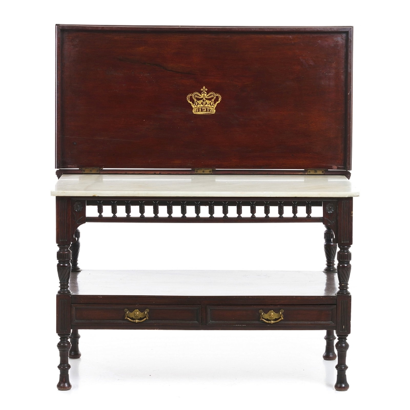 Spanish Buffet table with Royal Crown: Spain, 19th century, table with cover, carved and turned mahogany, marble top, cover with 'Royal Crown' decoration in gold. Signs of use. Dim.: 83.5x127x66cm.