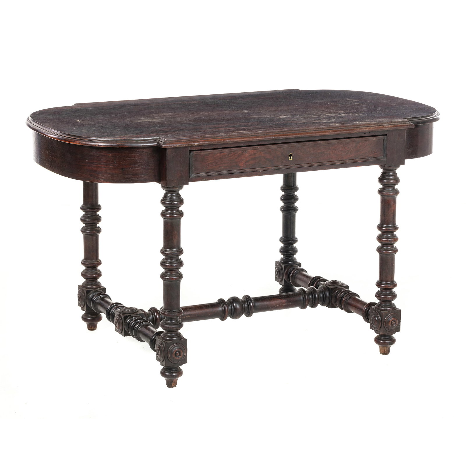 Turned rosewood center able: France, 19th century, brown carved and turned, one drawer. Signs of use. Dim .: 70x118x68 cm.