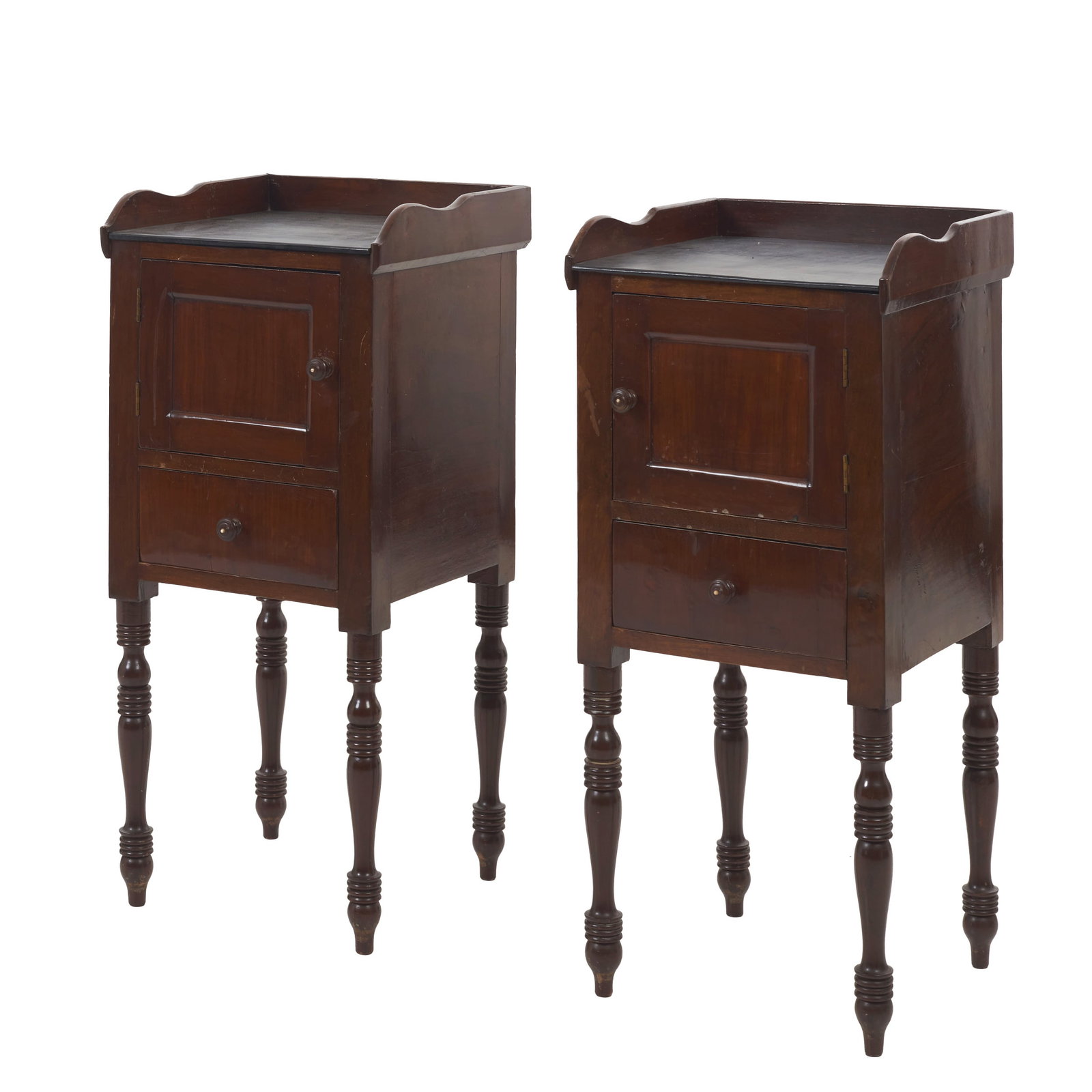 Pair of Victorian Nightstands: England, 19th century, mahogany, two-drawer chest with turned handles and legs. Signs of use. Dim.: 88x37x38cm.