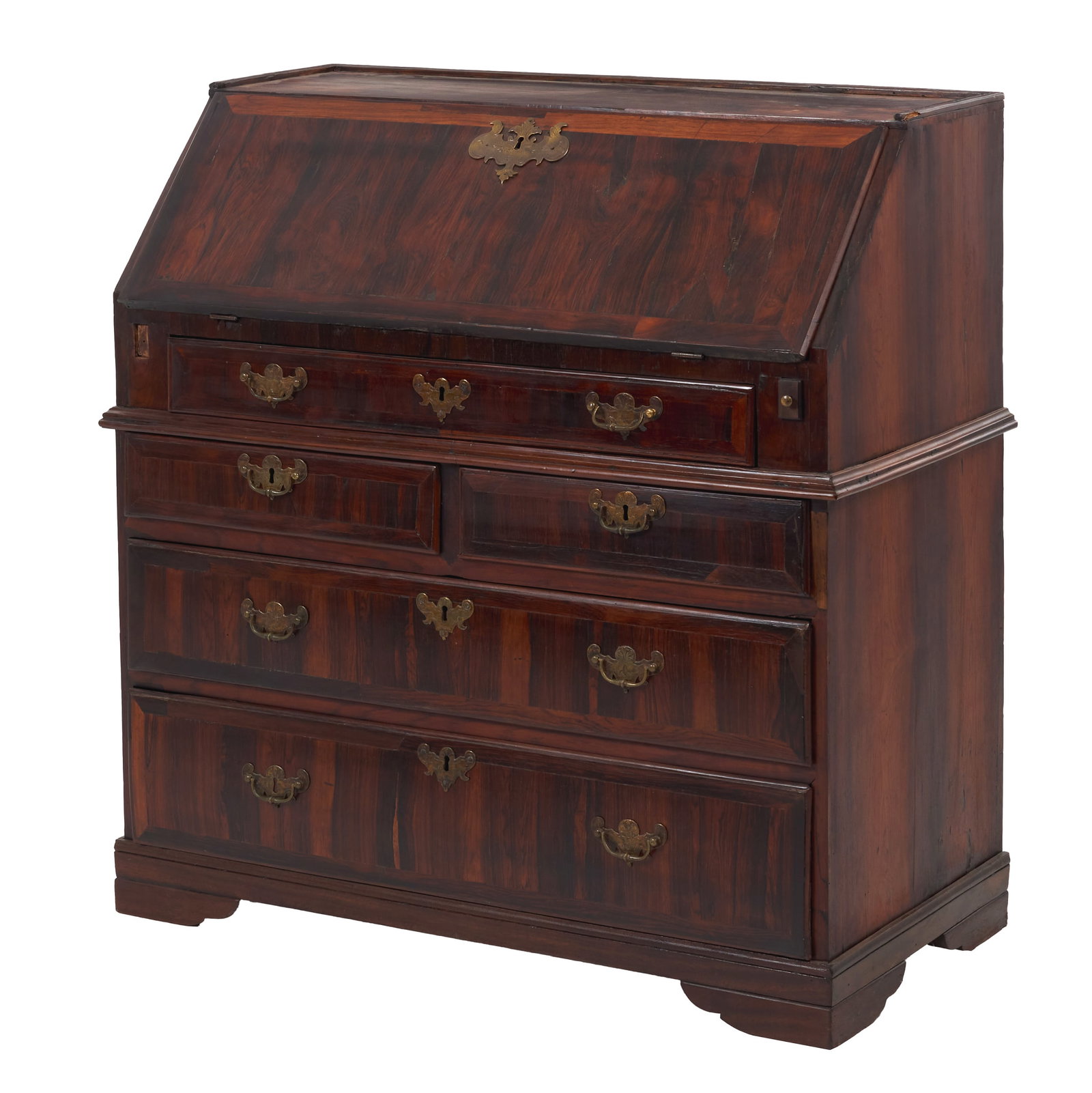 D. Maria secretaire chest in rosewood: Portuguese, 19th century, inlaid rosewood, with one small drawer, two drawers and two large drawers, drop-front top, interior fitted with drawers and compartments, pierced and gilt metal mounts.
