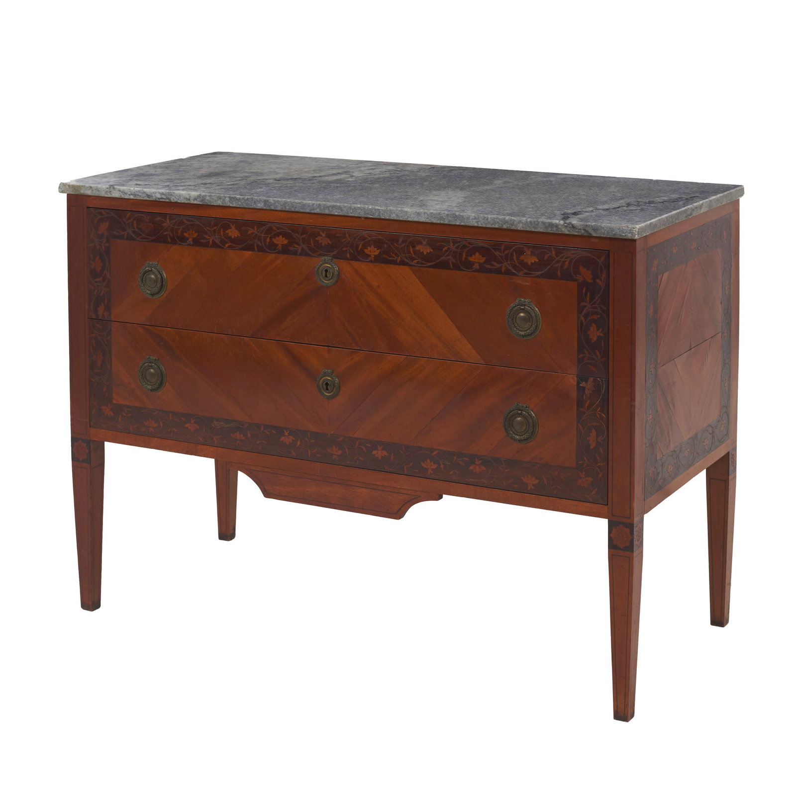 D. Maria Chest of Drawers: Portugal, 19th century, marquetry of various woods, geometric decoration and friezes of floral motifs; with two large drawers, marble top and metal hardware. Signs of use. Dimensions: 78x109.5x51cm.