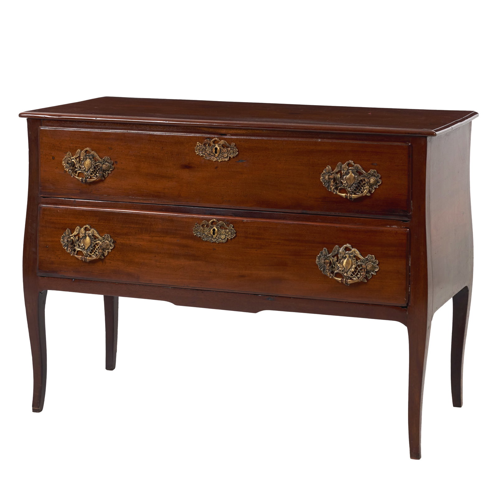 Vinewood chest of drawers: Portugal, 19th c., carved vinhatico wood, chest with two large drawers, metal hardware, pierced, embossed, and gilded. Minor defects. Dim.: 89.5 x 126 x 58 cm.