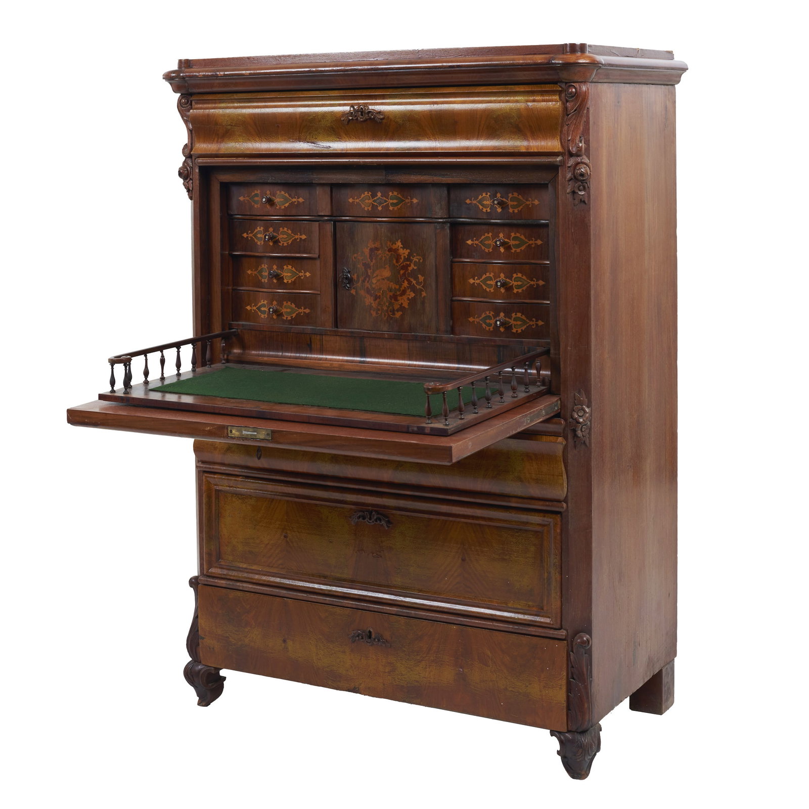 Biedermeier 'a abattant' chest of drawers: Germany, 19th century, inlaid rosewood and other woods; two-part piece: three deep drawers and na interior featuring niches and drawers decorated with floral marquetry. Signs of use. Dim.: