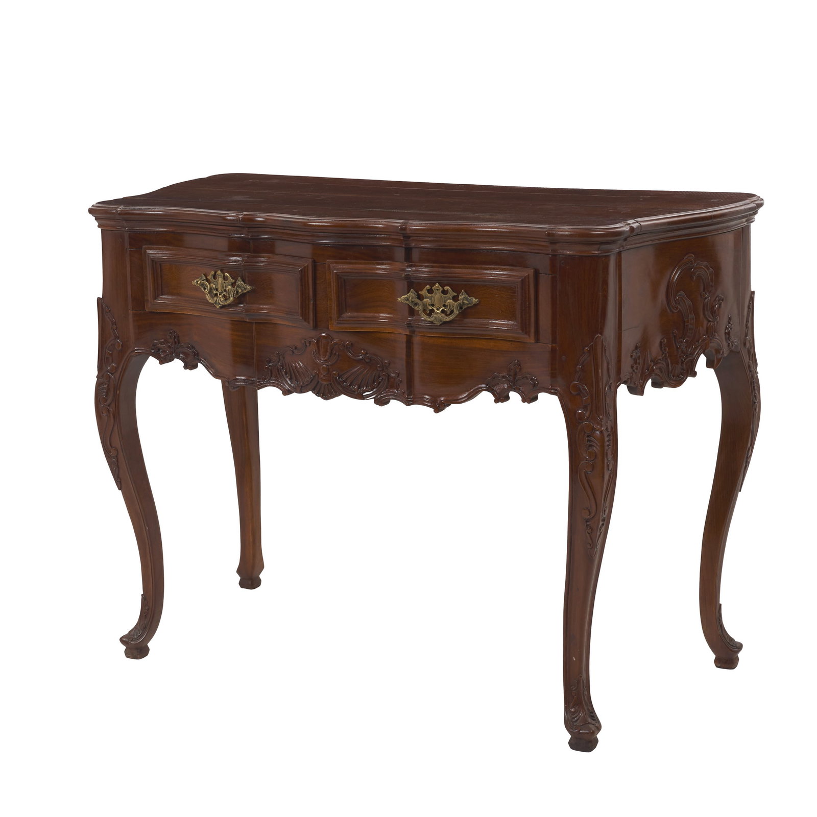 D. Jose style console table: Portugal, 20th century, made of vine wood, with a scalloped and wavy top; side section featuring two drawers with gilded brass fittings; sides carved with scrollwork and shell motifs. Signs of use.