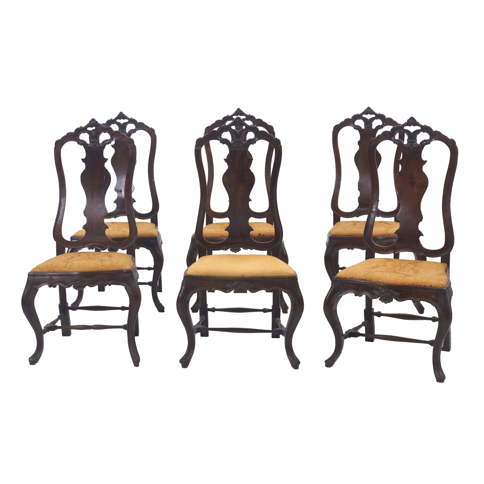 Set of six D. Jose chairs: Portugal, 18th century, in carved and pierced chestnut with plant motifs and scalloped decoration; seats upholstered in yellow silk; claw feet. Signs of use. Dim.: 115.5x57.5x49cm.