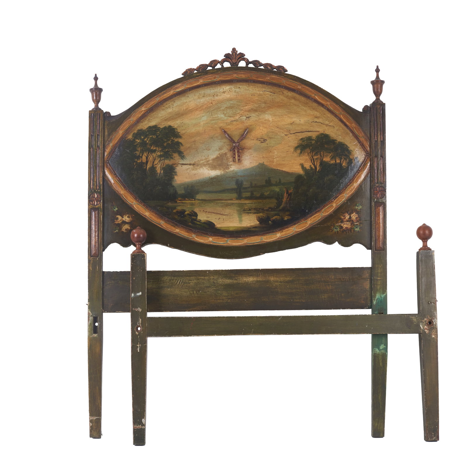 D. Maria painted bed: Portugal, 19th century, painted, openwork and carved wood; central oval medallion depicting a folk landscape painting with a lake; top finished with a rosette. Signs of use. Dim.: 143,5x195,5x109cm.