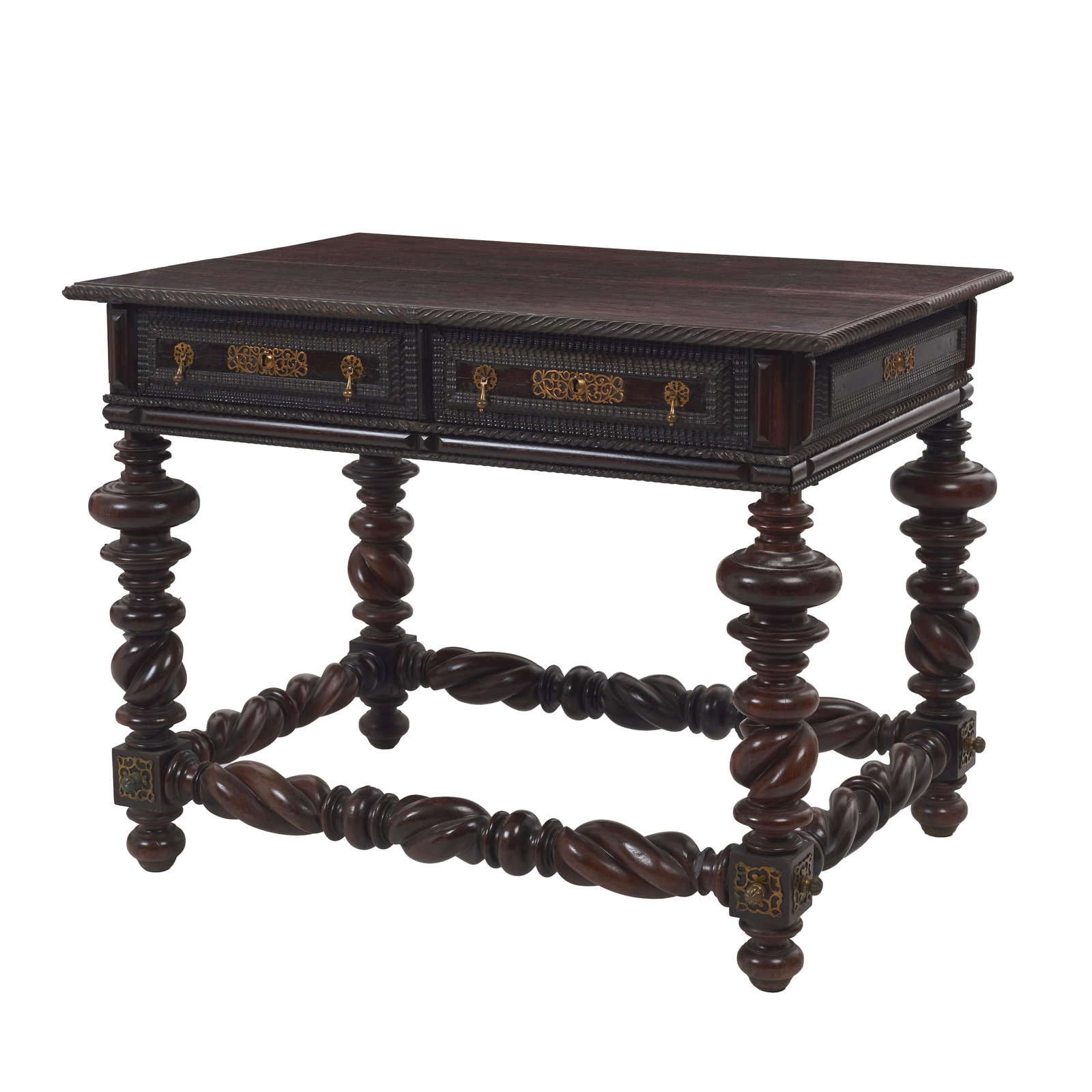 Buffet table in rosewood: Portugal, 19th century, carved rosewood, decorated with twisted and fluted motifs; twisted and turned legs; two drawers designed to look like six, with gilded brass fittings. Signs of use. Dim.: