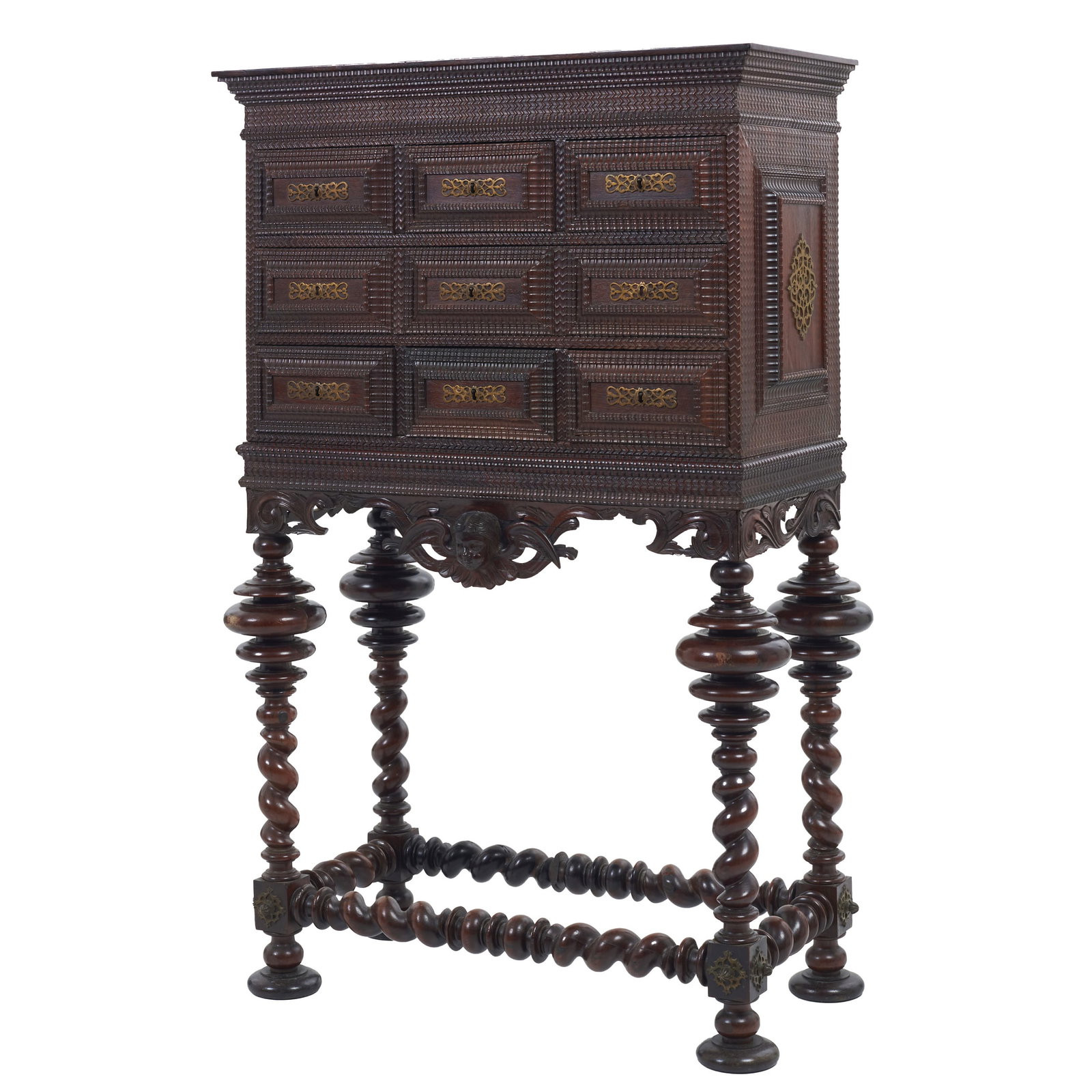 Mobile fan counter: Portugal, 19th century, made of rosewood and other woods, carved with scrollwork; turned legs and crossbars with flat feet; gilded brass fittings; seven drawers designed to appear as nine. Signs of