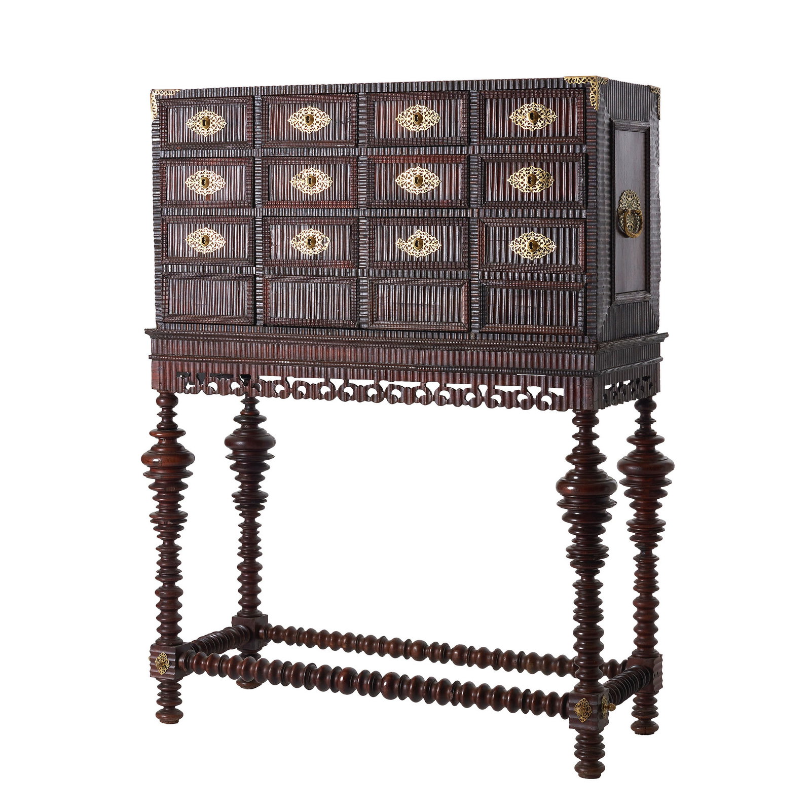Rosewood Cabinet on trestle stand: Portugal, 18th century, in rosewood, case with ten drawers simulating sixteen, with gadrooned panels and friezes, pierced aprons, gilt bronze fittings, pierced and shaped, turned legs and stretchers.