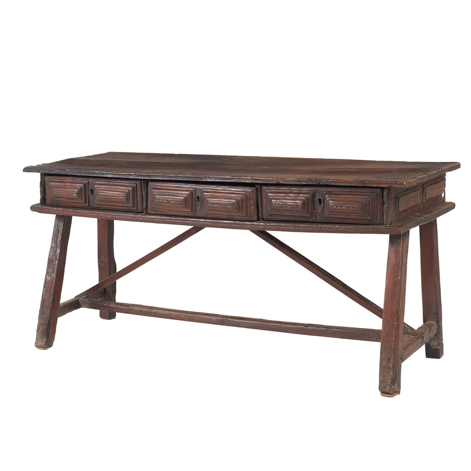 Side table in chestnut wood, 17th century: Spain, 17th century, in chestnut wood, rectangular top with recessed moulded edge, apron with three drawers, drawer fronts and sides panelled, iron fittings. With reinforcement bracing, traces of wood