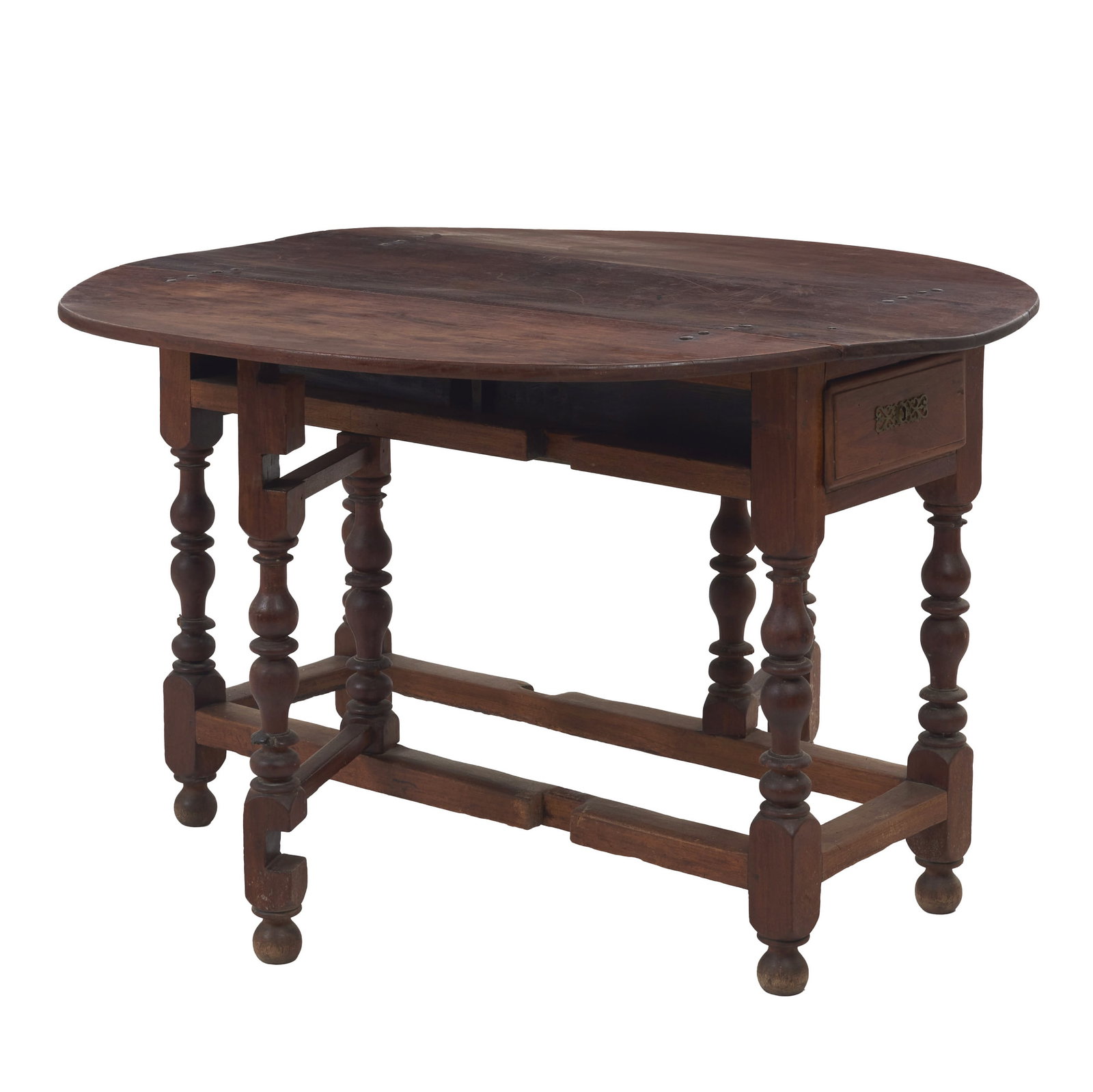Gaateleg table: Portugal, 19th century, in walnut, smooth top with two half-moon-shaped cut-outs; six turned legs, two of which are splayed, joined by turned crossbars; two drawers. Signs of use. Dim.: 80x42x130.5cm