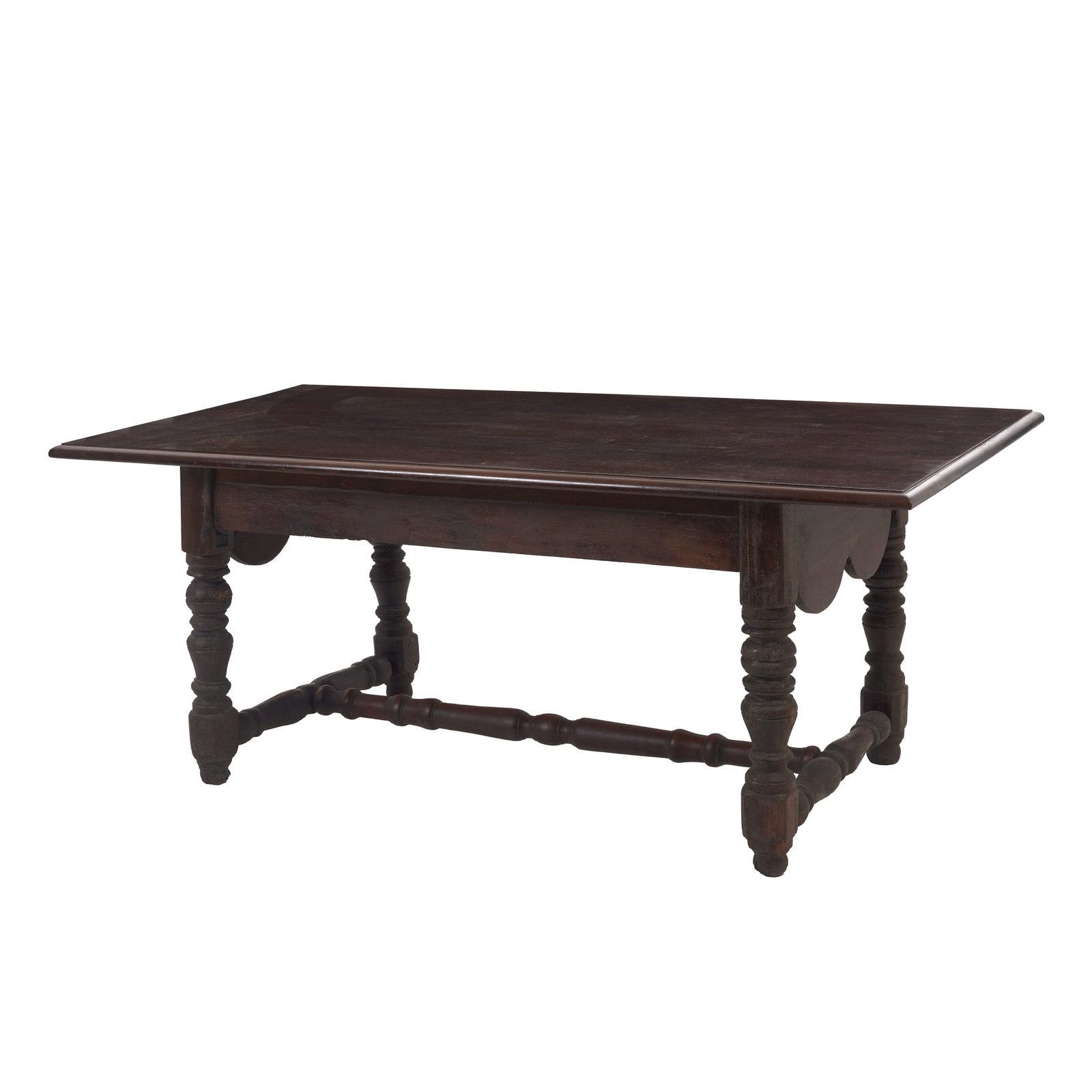 Chestnut refectory table: Portugal, 17th and 19th centuries, brown wood, rectangular top, from a later period, resting on turned legs joined by an H-shaped bracing. Signs of use. Dimensions: 78.5x100x190cm.