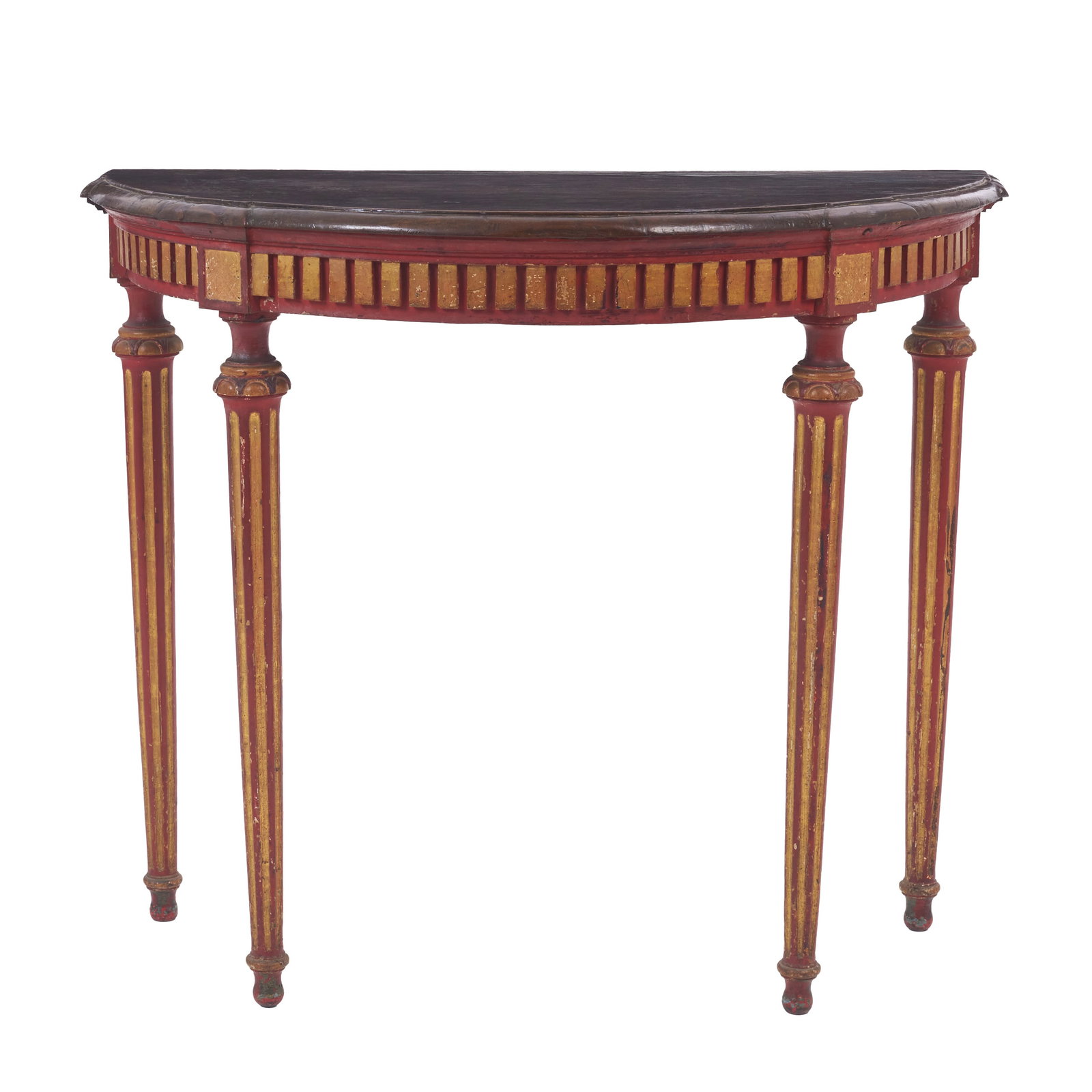 Half-moon painted console table: Portugal, 19th century, semi-circular top, polychrome and gilded wooden frame with fluted friezes; fluted legs. Signs of use. Dim.: 88x102x49.5cm.
