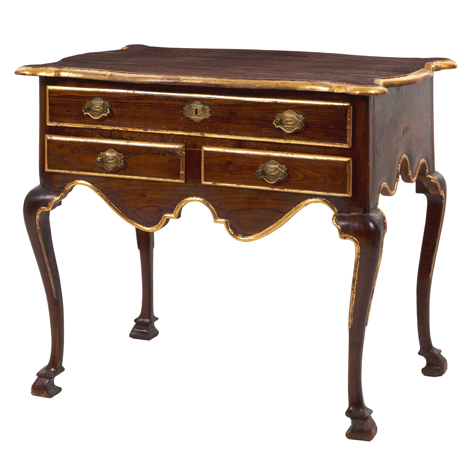 D. Joao V cutlery table: Portugal, 18th c., in carved walnut with gilded details, case with three drawers, shaped apron and curved legs, pierced and gilded metal fittings. With losses and traces of woodworm. Dim.: