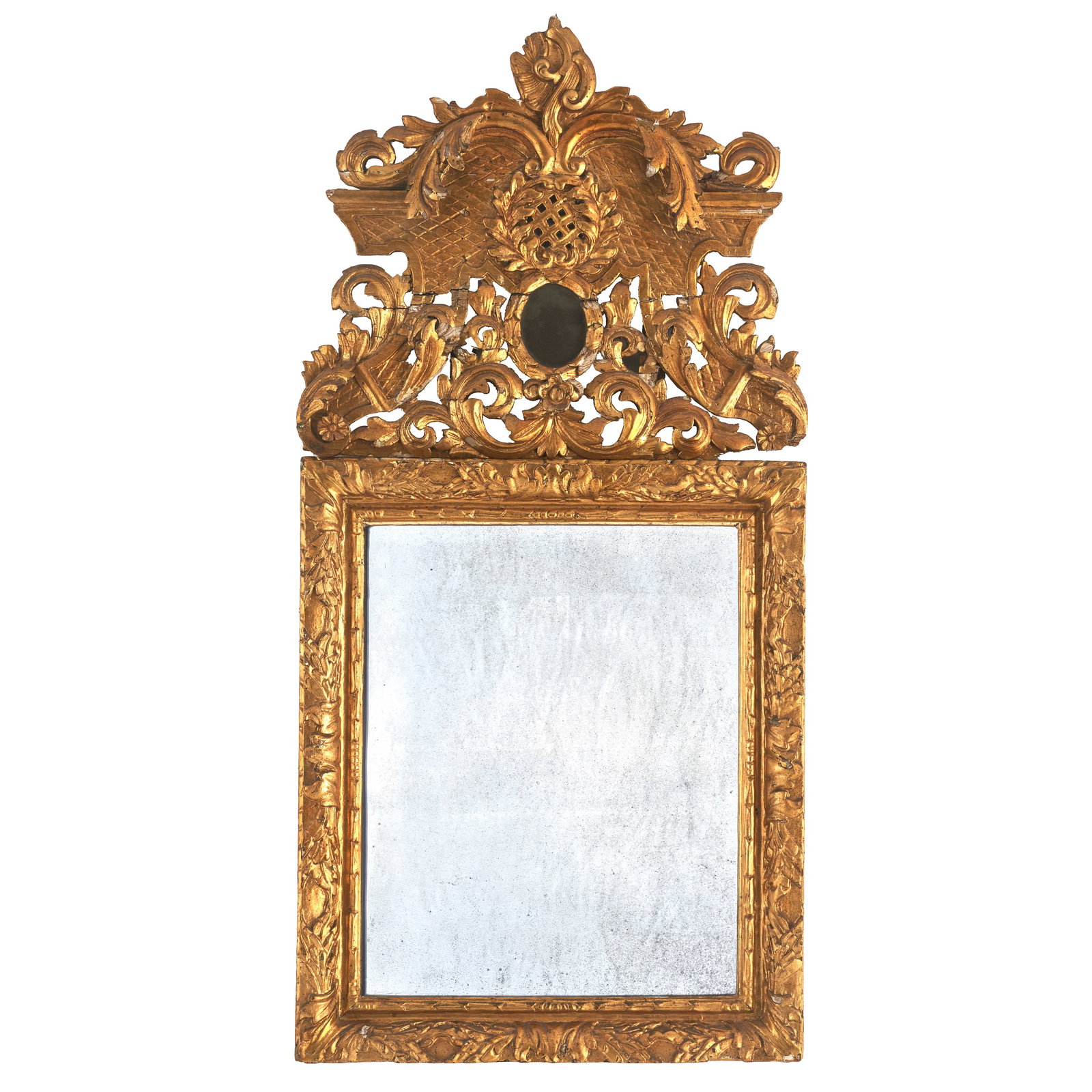 Gilded carved mirror: Northern Europe, 18th century, carved and gilded wood with plant, floral motifs, scrollwork and trellis pattern. Signs of use, minor flaws. Dim.: 123x59.5cm.