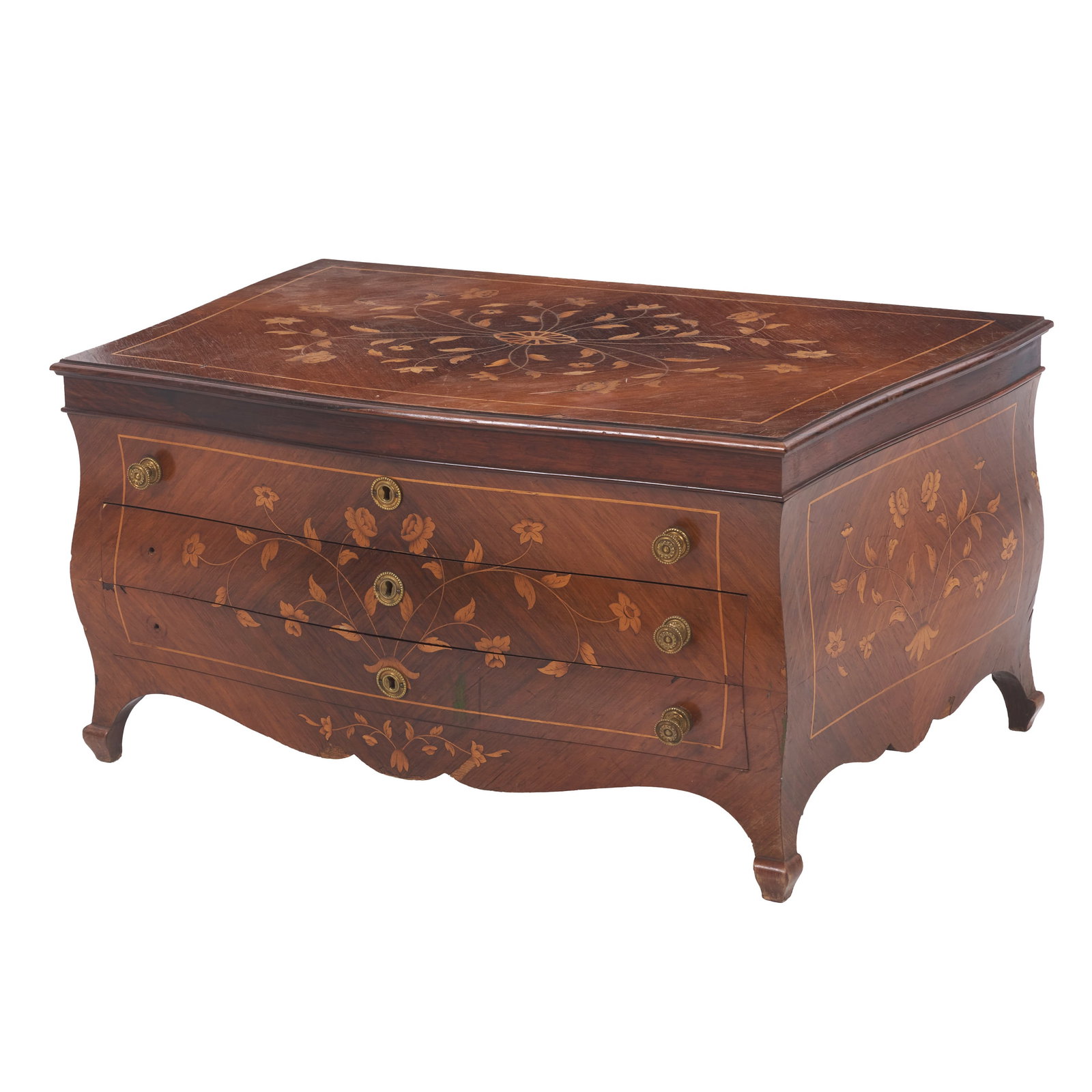 Louis XV-style Cutlery Box: Portugal, 19th-20th century, cutlery case, marquetry in rosewood and other woods with floral decoration; two drawers designed to look like three, interior lined with grey velvet; gilded metal fittings
