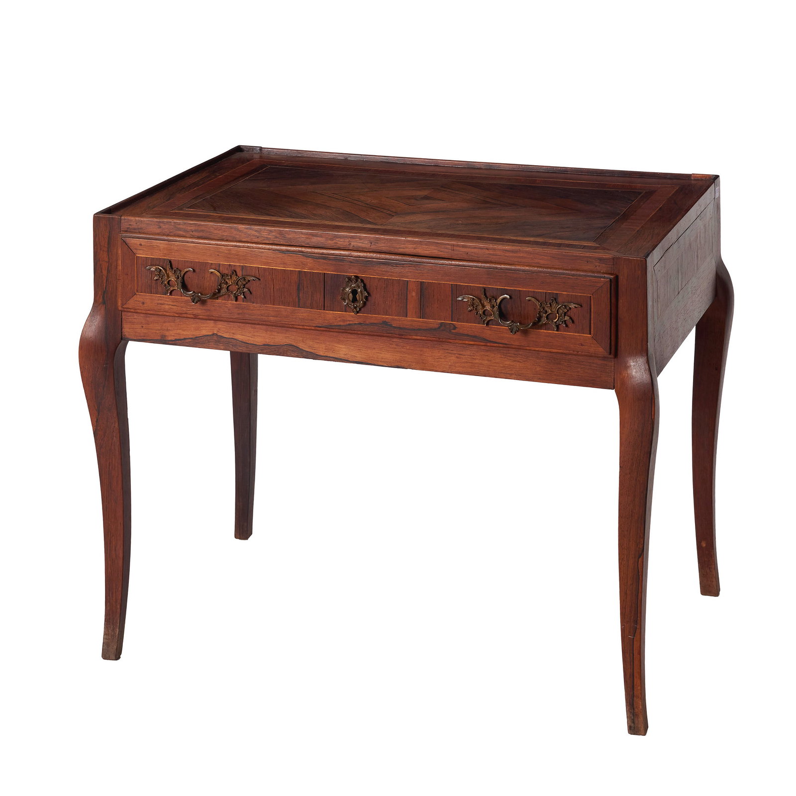 D. Maria side table: Portugal, 18th/19th century, in rosewood, with marquetry, pierced, embossed and gilded metal fittings, with one drawer. Signs of use. Dimensions: 50x62x42.5cm.