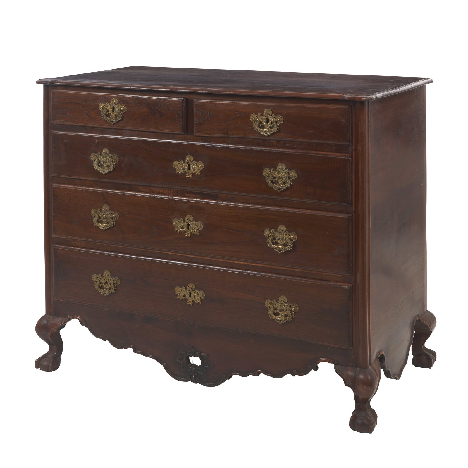 D. Jose Chest of Drawers: Portugal, 18th century, in chestnut wood with two drawers and three deep drawers featuring embossed bronze fittings; interior lined with red velvet; carved and openwork base with rosette; claw and
