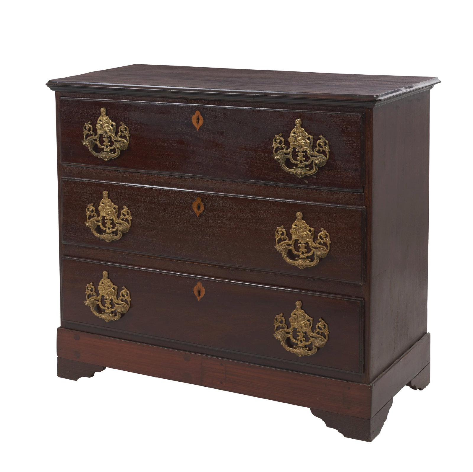 D. Maria Chest of Drawers: Portugal, 19th century, in mahogany; top framed by a moulded frieze with a recessed section; three drawers with gilded bronze fittings featuring embossed and openwork decoration depicting classical