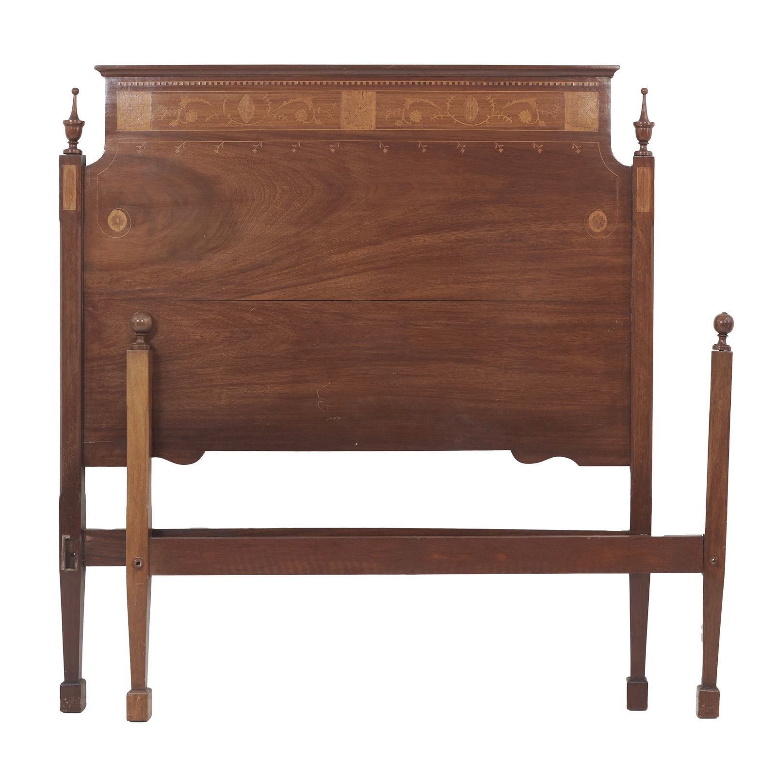 D. Maria Bed: Portugal, 20th century, in mahogany with inlay of hawthorn and other woods; scalloped headboard, neoclassical frieze with floral motifs and scrollwork; side panels topped with pinnacles. Signs of