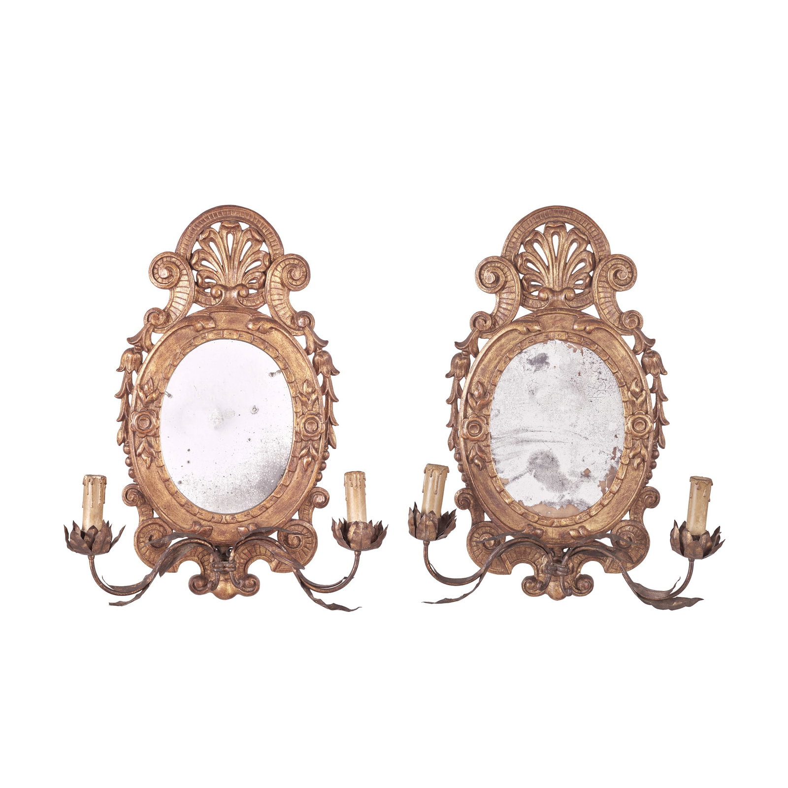 Pair of gilded carved wall sconces with mirror. (1 of 1)