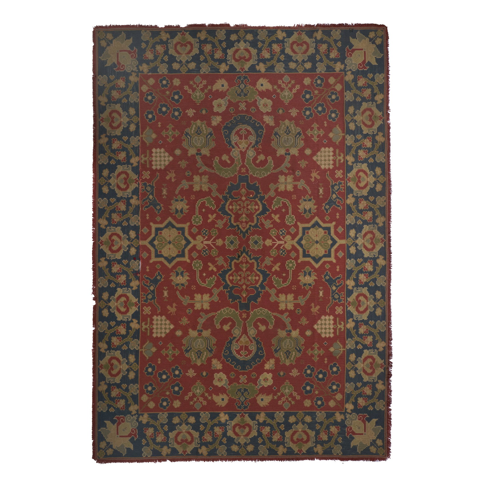 Arraiolos rug: Portugal, 20th century, polychrome wool yarn, decorated with plant and floral motifs. Signs of use. Dim.: 354x255cm.