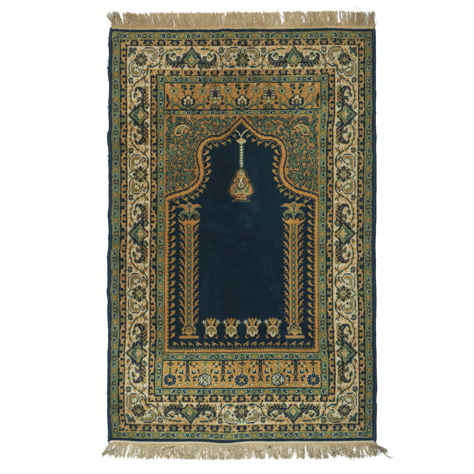 Ghiordes Islamic prayer rug: Anatolia, Turkey, 20th century, polychrome wool yarn, depicting a mihrab and decorated with plant motifs. Signs of use. Dim.: 195x117cm.