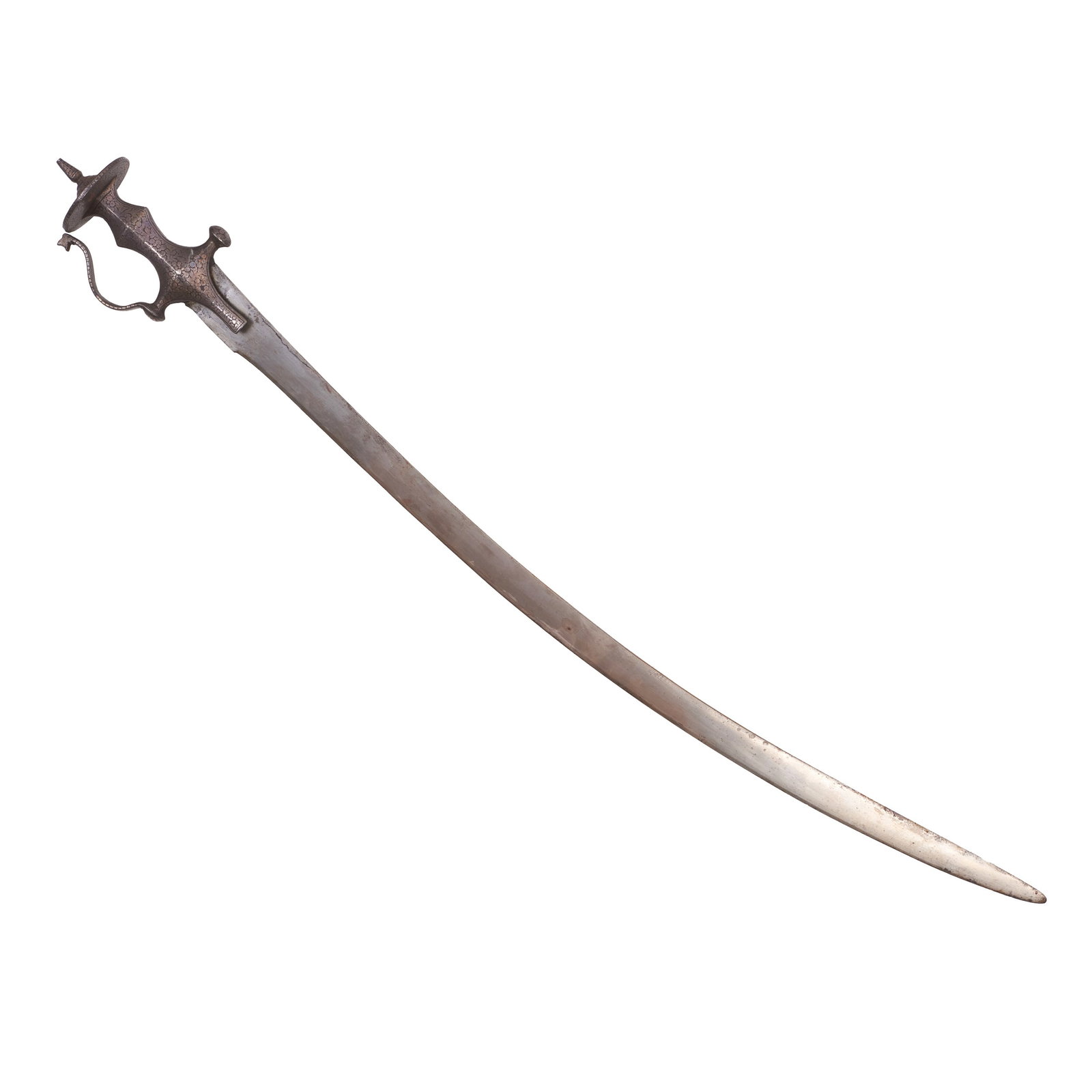Silver Delhi-Shahi damascened Tulwar: India, 18th century, single-edged blade in Damascus steel; Delhi-Shahi type iron handle, with the guard attached to the pommel disc, ornamented with vegetal motifs engraved in silver. Signs of use. Di