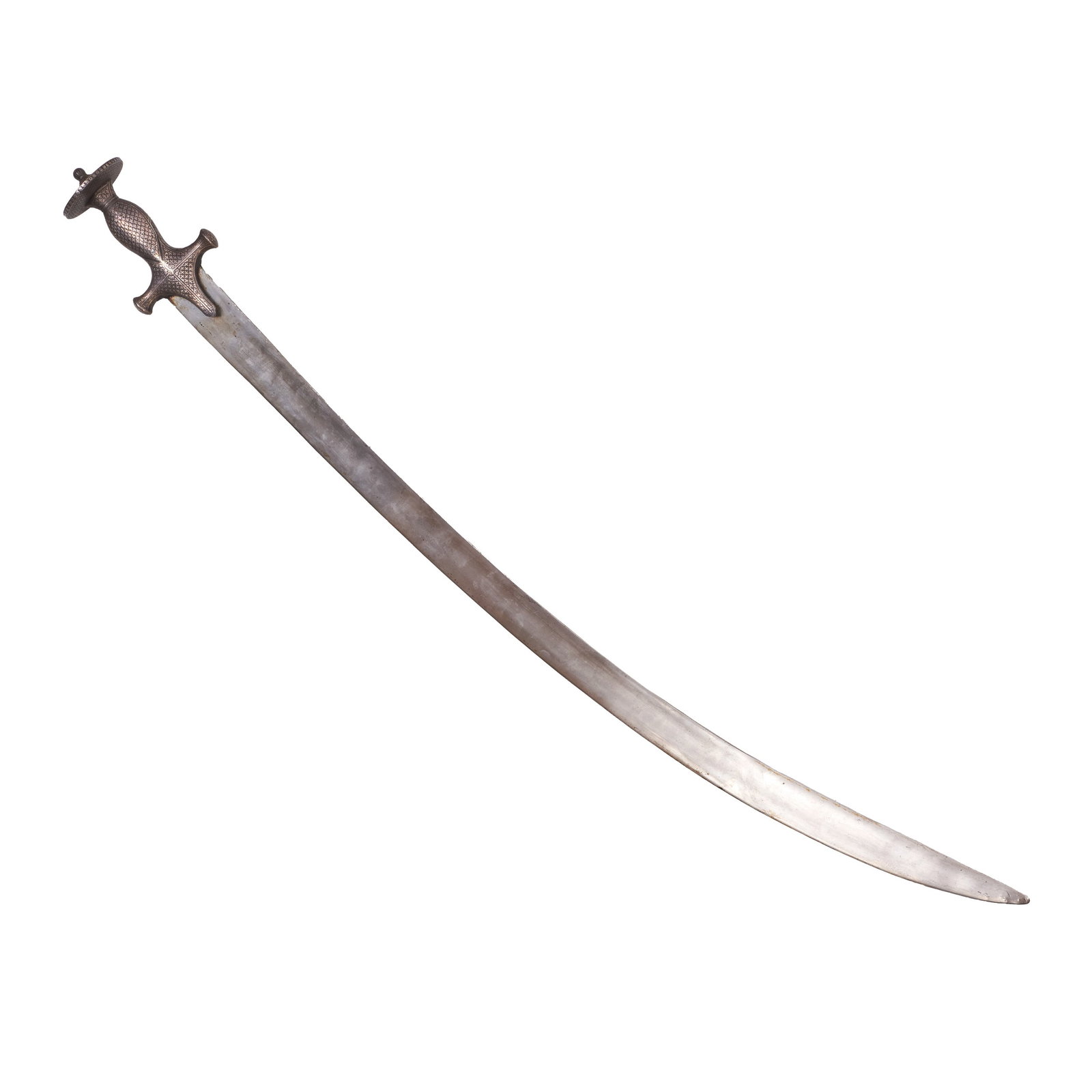 Silver damascene Tulwar: India, 18th century, single-edged Damascus steel blade; iron hilt engraved and inlaid with silver, featuring a floral decorative pattern. Signs of use. Dim.: 96cm.