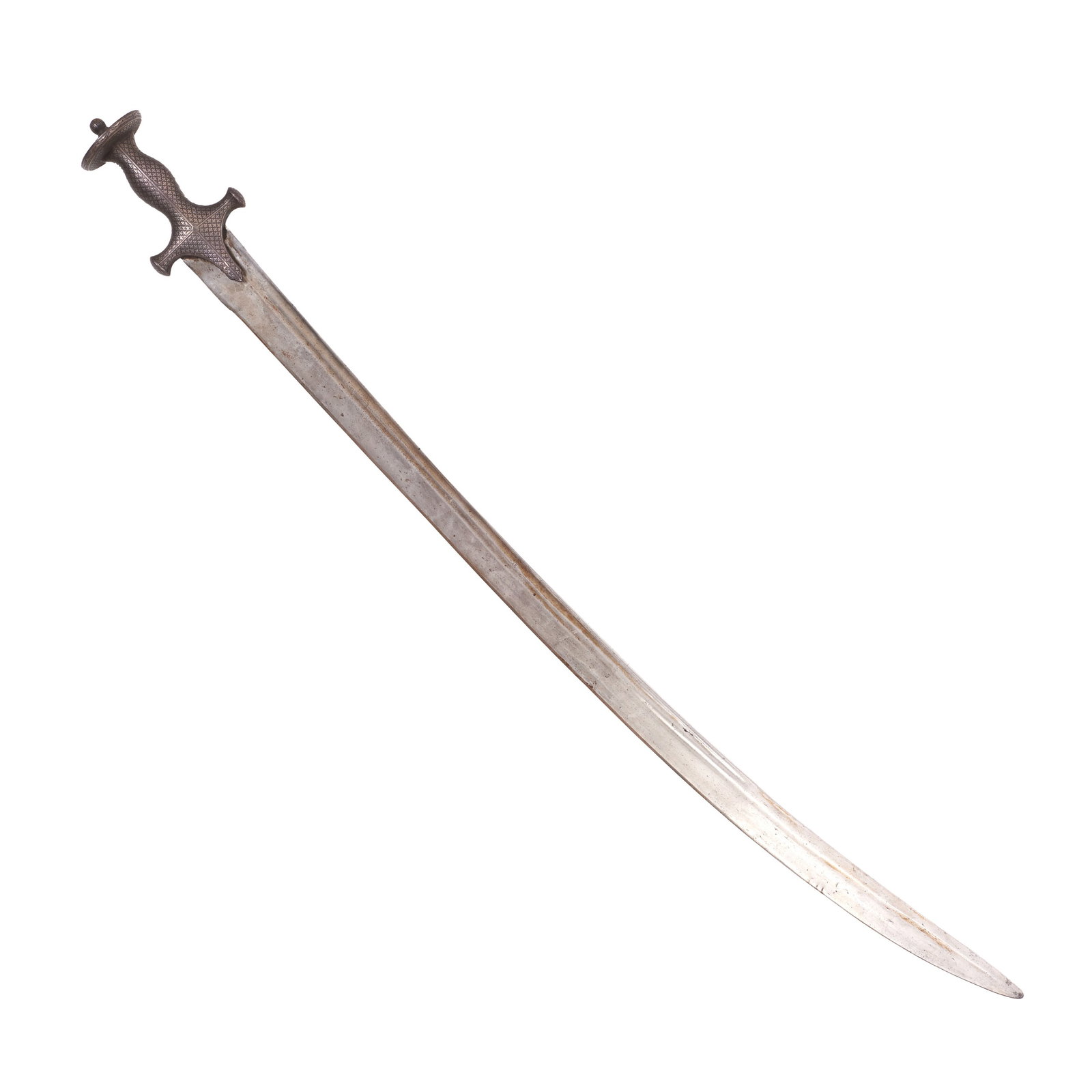 Silver damascened Tulwar: India, 18th century, single-edged blade with two grooves, made of Damascus steel; iron hilt engraved and inlaid with silver, featuring a floral decorative pattern. Signs of use. Dim.: 92.5cm.