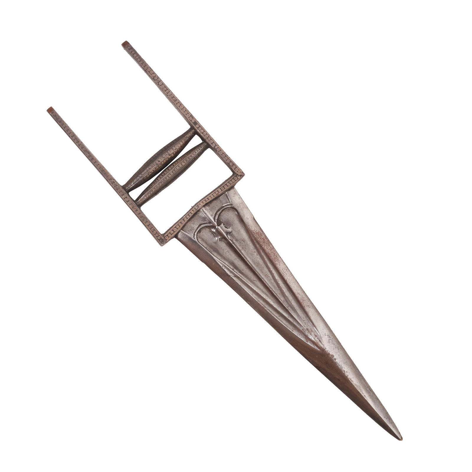 Indian 'Katar' dagger: India, Rajasthan, 18th/19th century, straight damascened blade, double-edged with a triangular cross-section, hilt of typical design with two crossed bars, decorated with geometric motifs. Signs of us