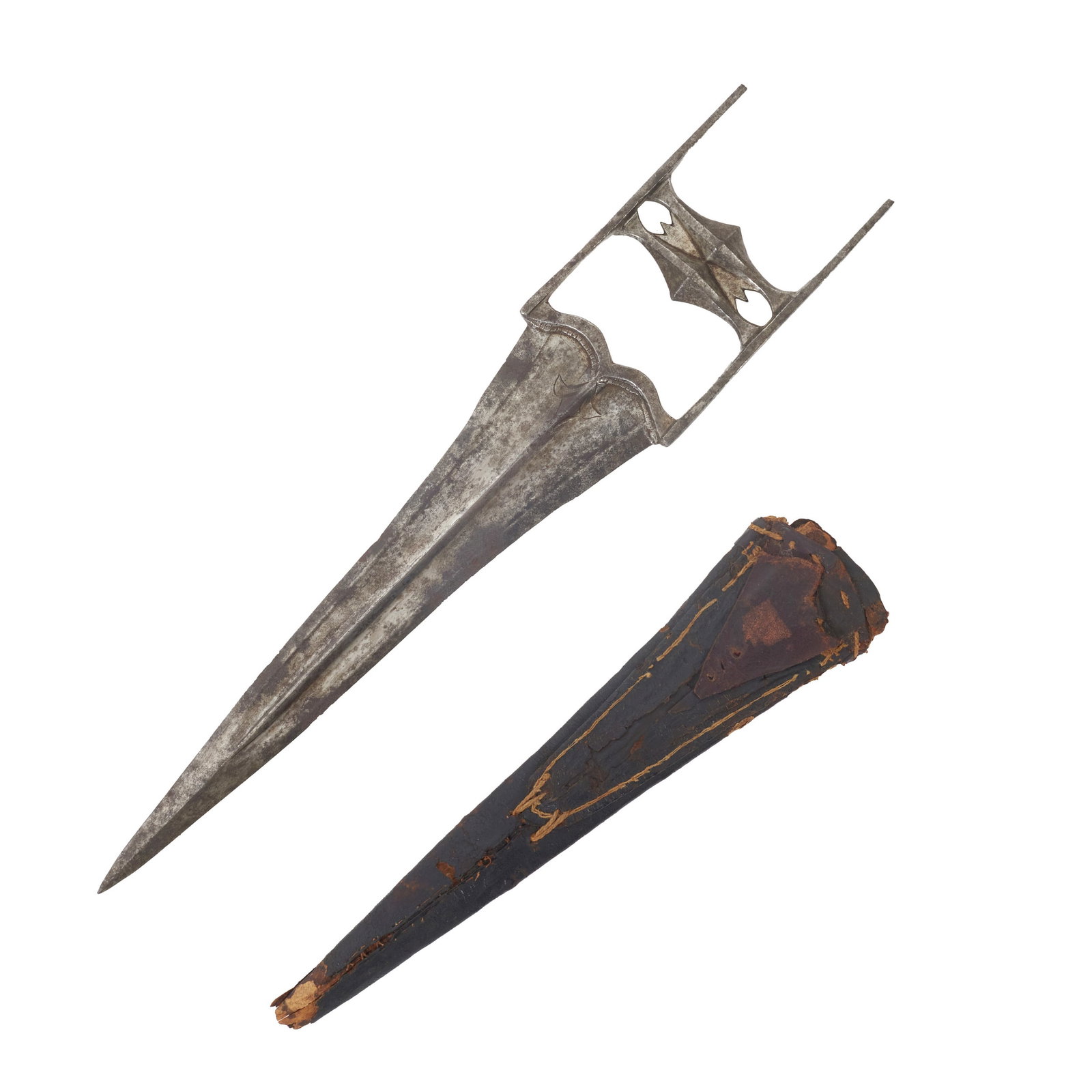 Indian 'Katar' dagger: India, Rajasthan, 18th/19th century, straight damascened blade, double-edged with a triangular cross-section, handle of typical design, two crossed bars joined at the centre; wooden scabbard lined wit