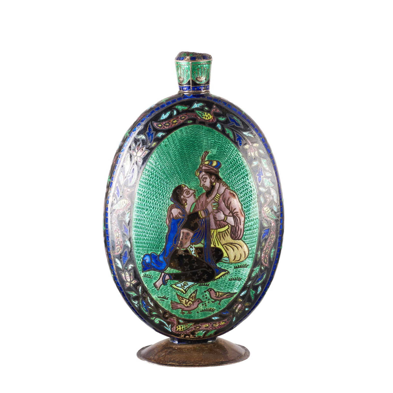Indian silver & enamel perfume bottle: Indian silver, 20th century, decorated with polychrome enamels, depicting two lovers against a green background, surrounded by animal and floral motifs and scrollwork. Signs of use. Approx. weight: