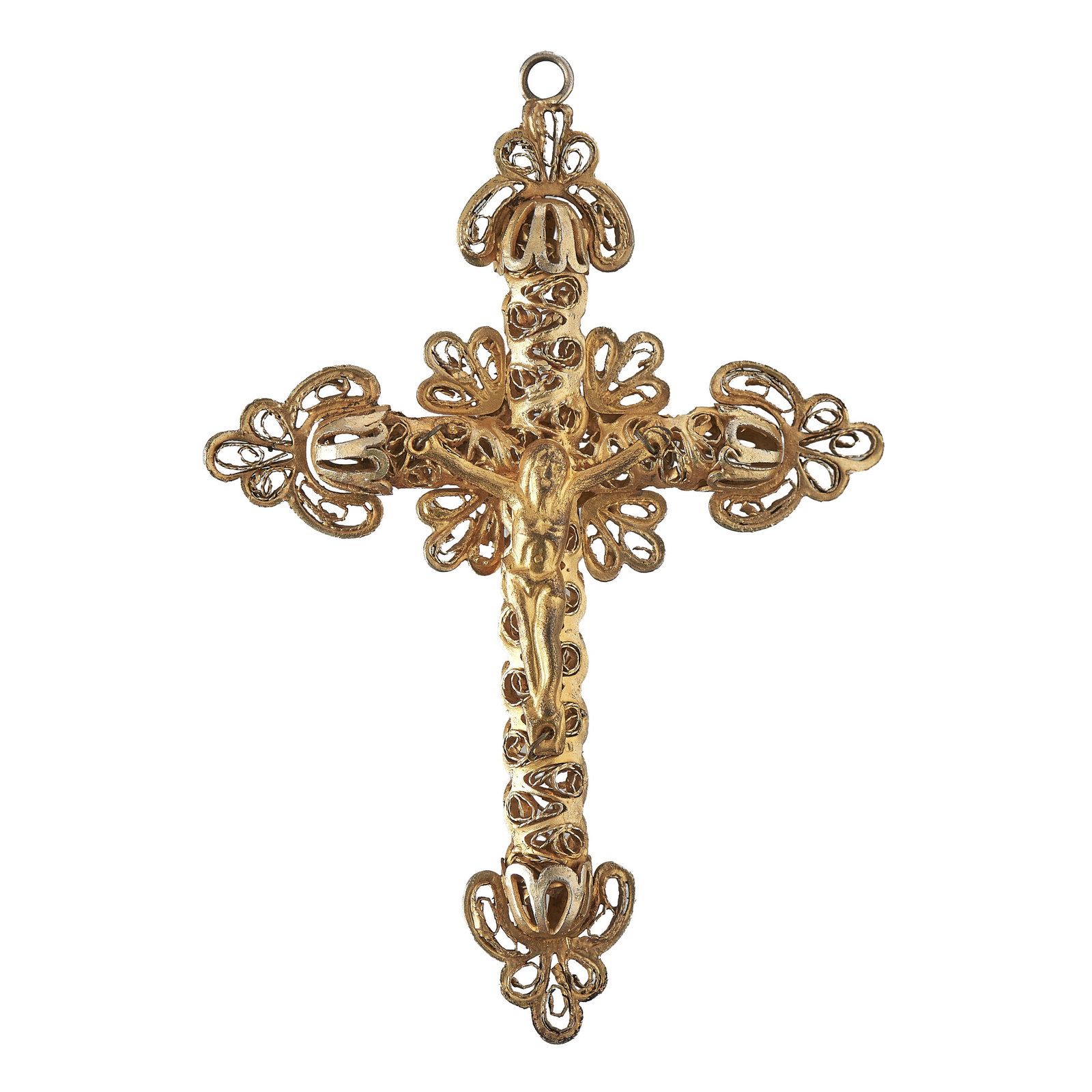 Indo-Portuguese gilt silver filigree cross, 18th century: Indo-Portuguese gilded silver filigree, 18th century, relief and openwork decoration representing the crucified Christ. Approx. Weight: 6.37g. Dim.: 7cm.