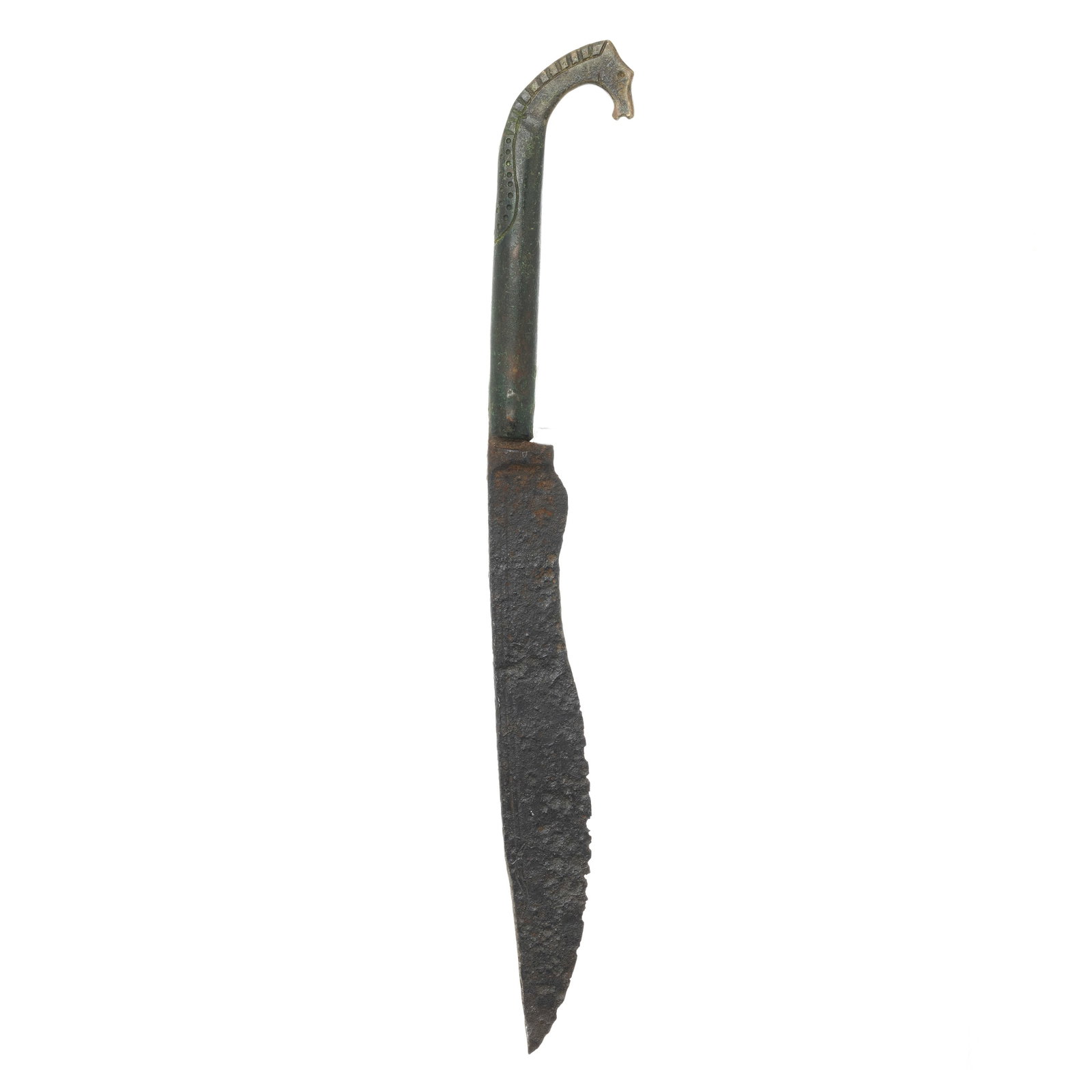 Lusitanian Falcata: Iberian Peninsula, 5th-1st century BC, Castro culture, bronze and iron handle in the shape of a horse's head. Signs of use, oxidation, wear. We thank the distinguished collector Mr. Jose Falcao Garcia