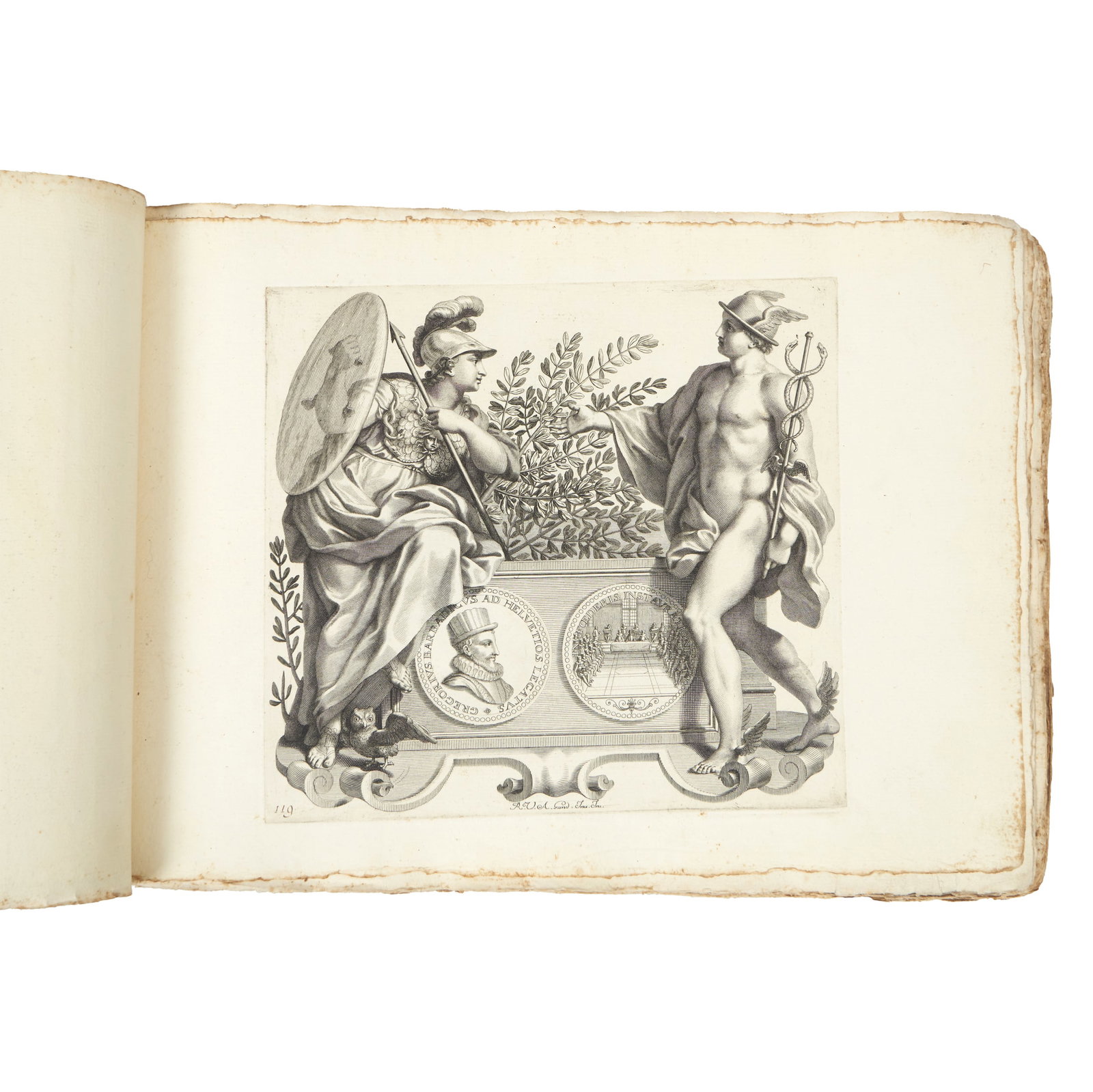 BARBARIGO, c. 1732 - 'Numismata virorum illustrium ex Barbadica gente': Padua, 18th century, main original book featuring 86 allegorical engravings by the master Roberto Van Audenaerde. Frontispiece: 'IDANNES FRANCISCV BARBADICVS AD NEPOTES?'. Signs of use, water stains a