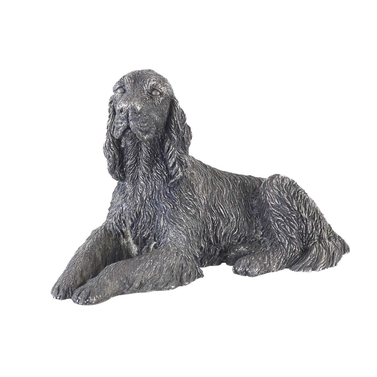 Lying dog: Metal sculpture with a 925 sterling silver base, depicting a reclining dog. Signs of use. Approx. weight: 60g. Dimensions: 15.5cm.