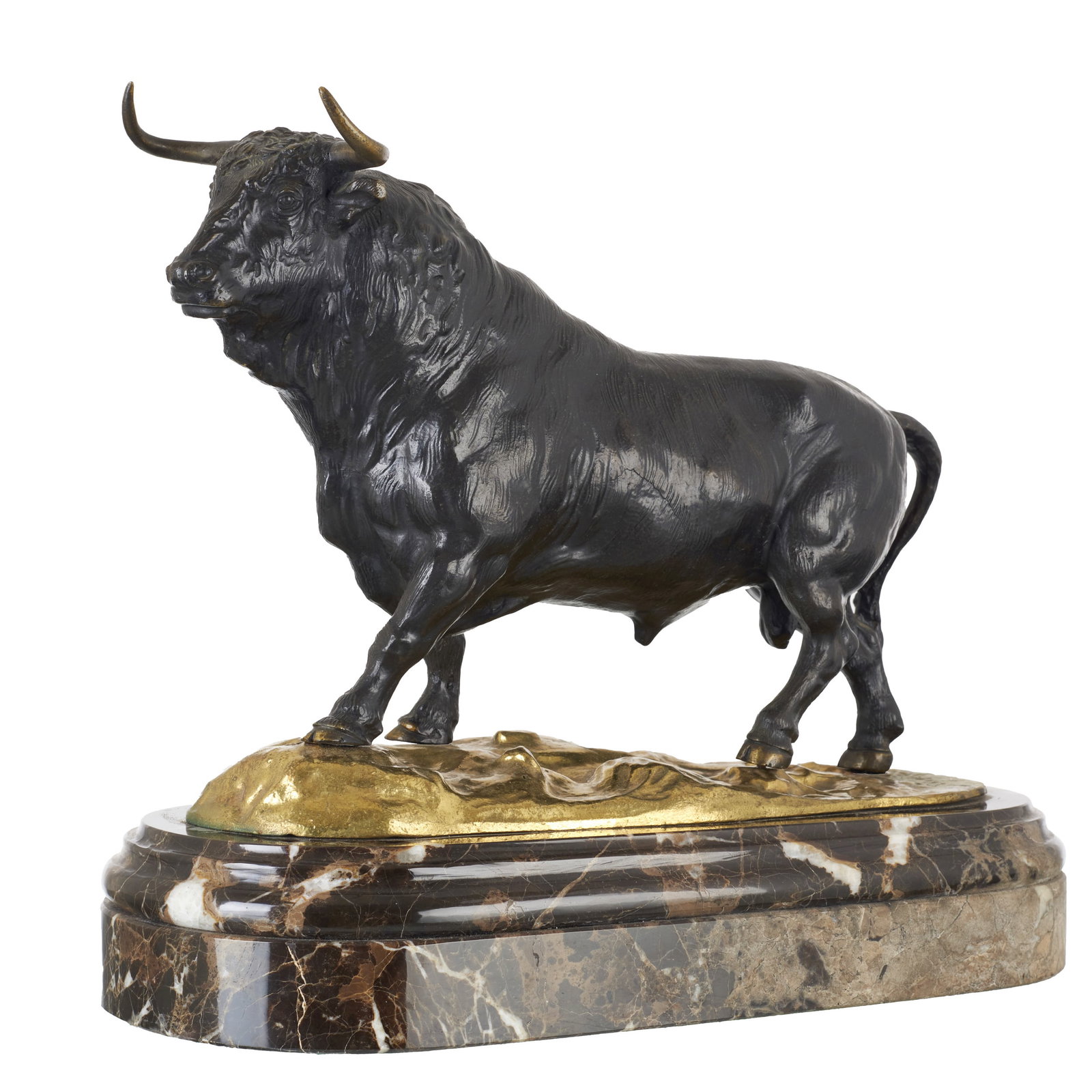 Patinated bronze Bronze bull: Patinated bronze sculpture with a marble base. Signed Signs of use. Dim.: 43cm.
