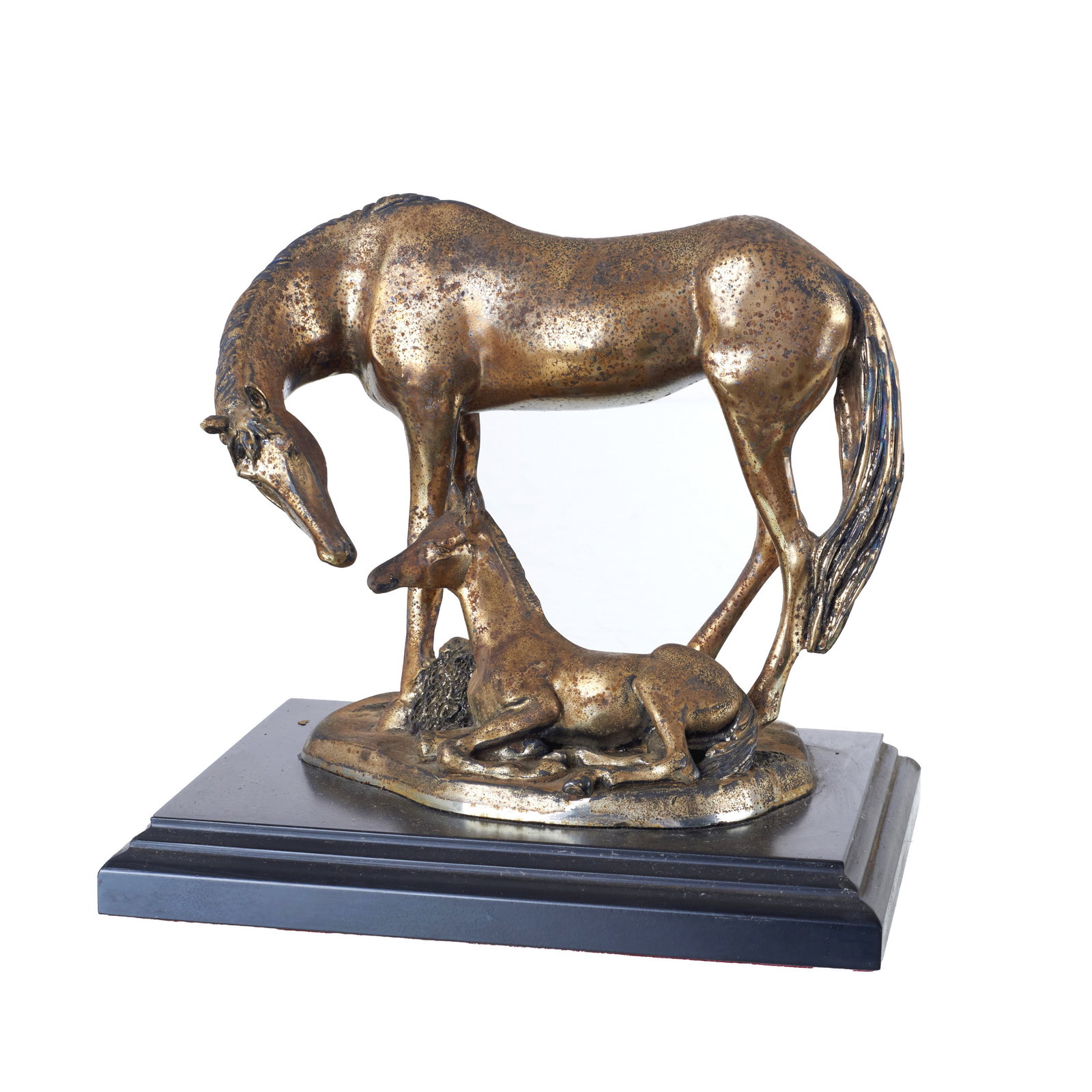 'Mare and Foal': France, 19th/20th century, sculpture in gilded antimony, wooden base, representing a mare with a foal. Signs of use. Dimensions: 20cm.